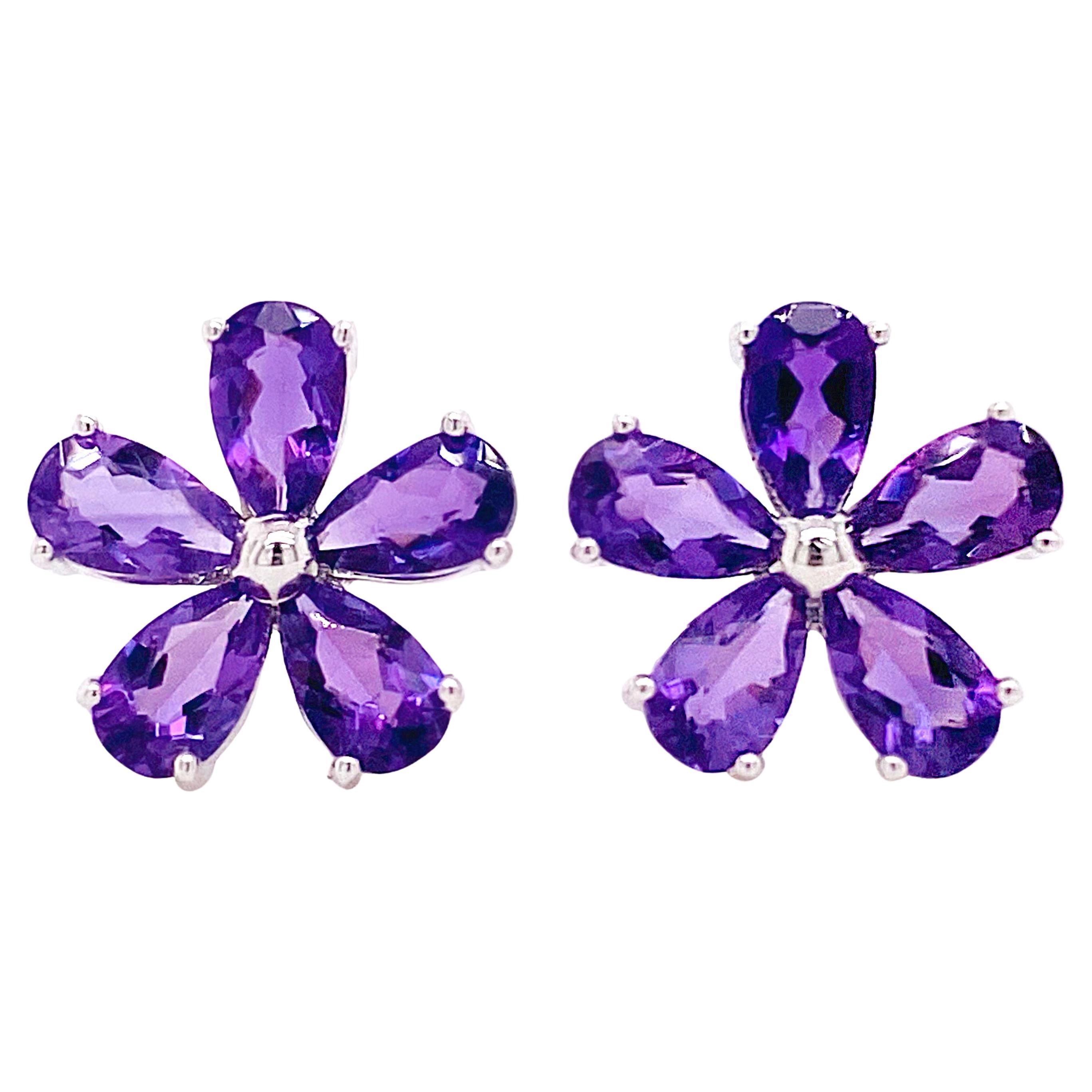 Flower Amethyst Petals, Floral Style Sterling Studs with Pear Leaves For Sale