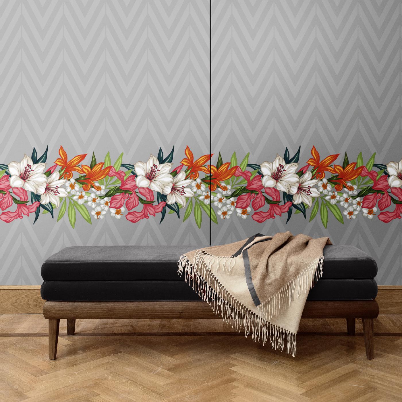 A superb addition to a bedroom, entryway, or study, this wall covering is part of the flowers and Chevron collection, aptly named after the vertical garland of colorful blooms over a grey chevron pattern. This wall covering was crafted of silk and