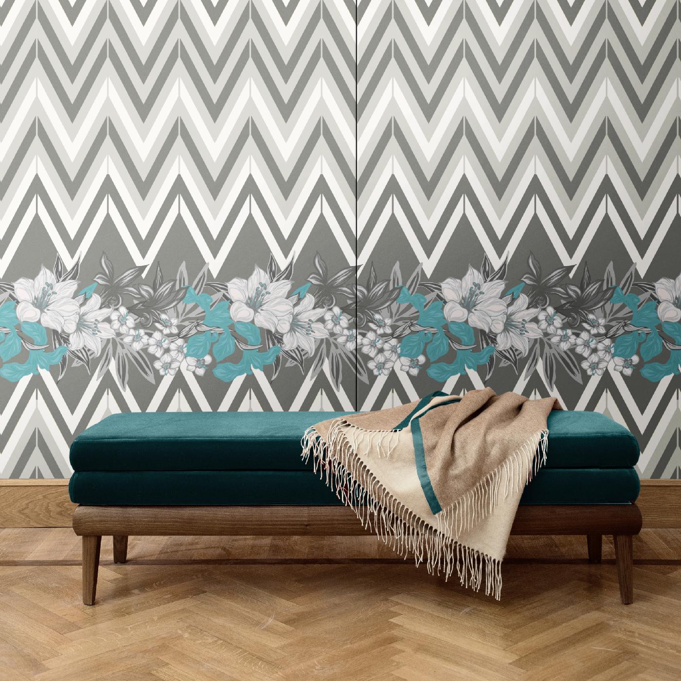 Combining the geometric pattern of chevron with the dynamic pattern of a garland of flowers, this wall covering creates a delicate design that is eye-catching and timeless. It was crafted of silk and cotton and is available as boiserie or fabric.