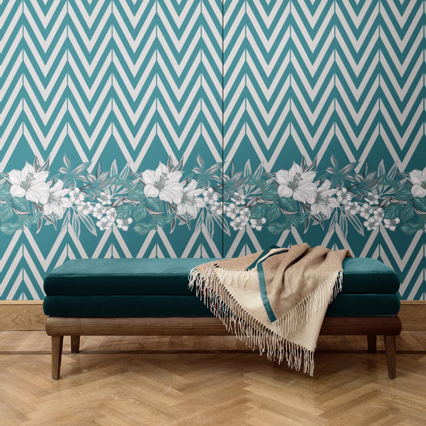 Mesmerizing and dynamic, this elegant wall covering is part of the Flowers and Chevron collection, clearly named after the two distinctive and contrasting patterns: one geometric and bold, the other delicate and romantic. This piece was crafted of
