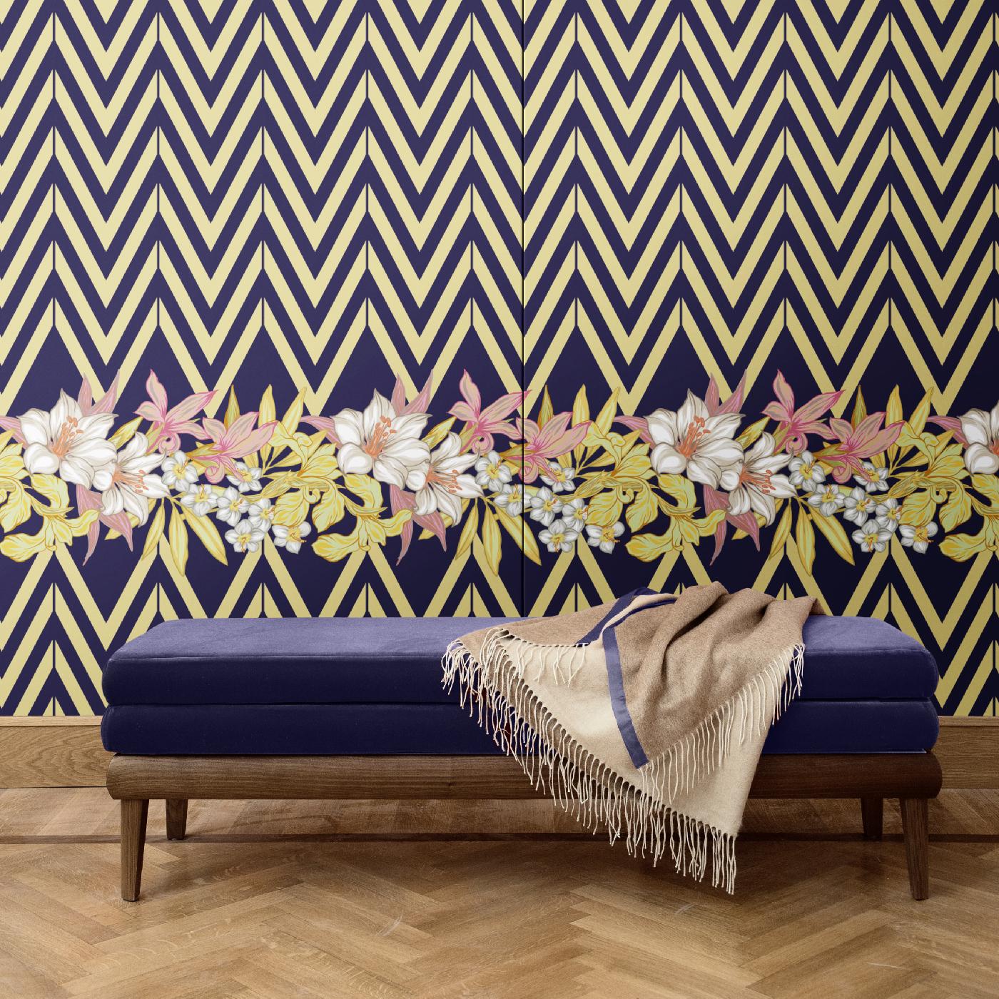 Bold and sophisticated, this wall covering will make a statement in a modern interior, where it will add a dynamic and mesmerizing decoration on any wall in the house. It is crafted of silk and cotton and This wall covering was crafted of silk and