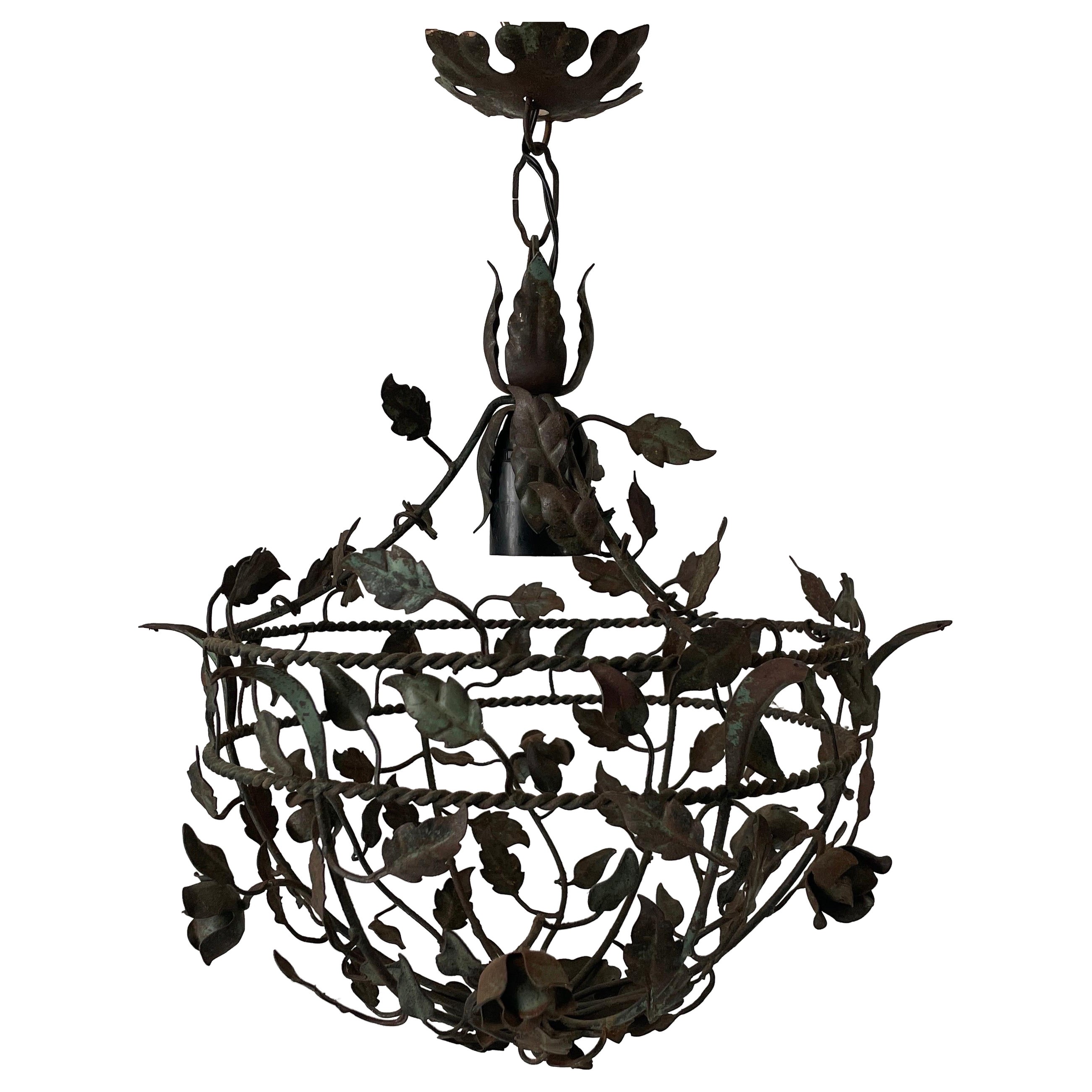 Flower and Leaf Design Metal Ceiling Lamp with Patinas, 1950s, Italy