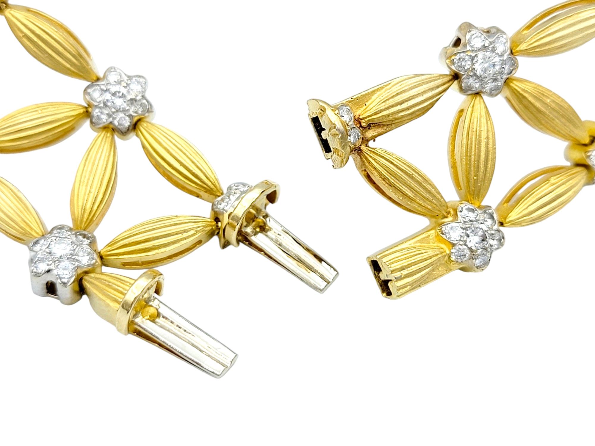 Flower and Leaf Motif Diamond Open Link Bracelet Set in 18 Karat Yellow Gold For Sale 4