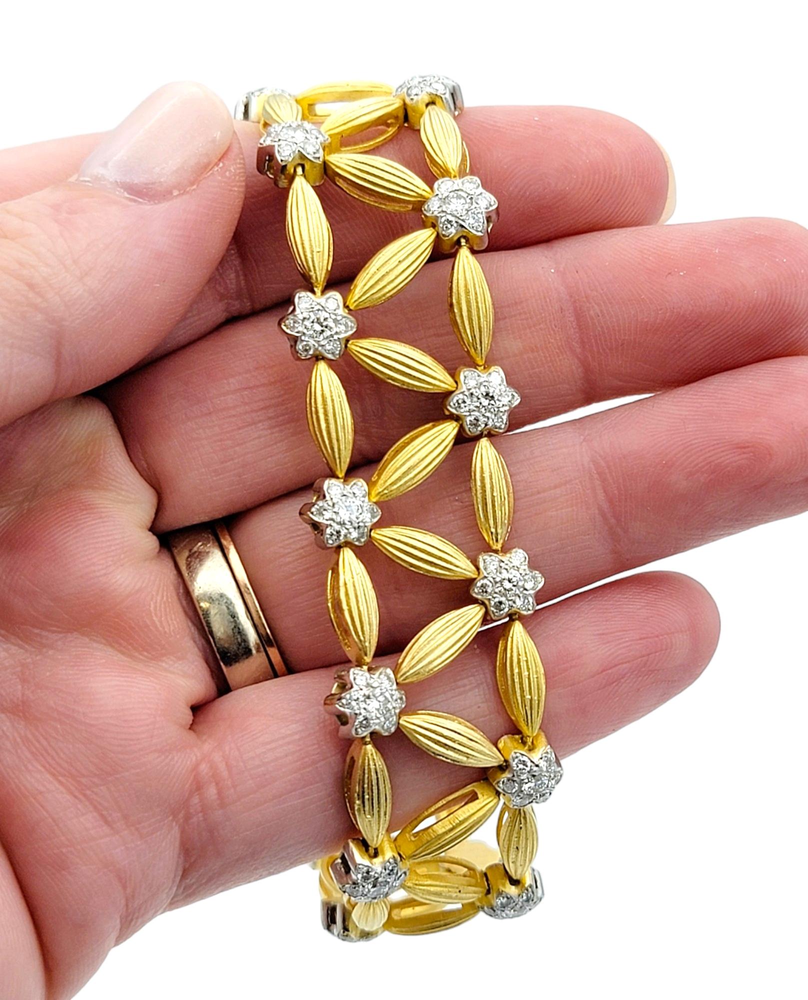 Flower and Leaf Motif Diamond Open Link Bracelet Set in 18 Karat Yellow Gold For Sale 6
