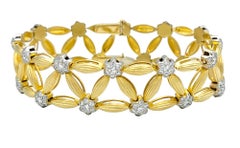 Flower and Leaf Motif Diamond Open Link Bracelet Set in 18 Karat Yellow Gold