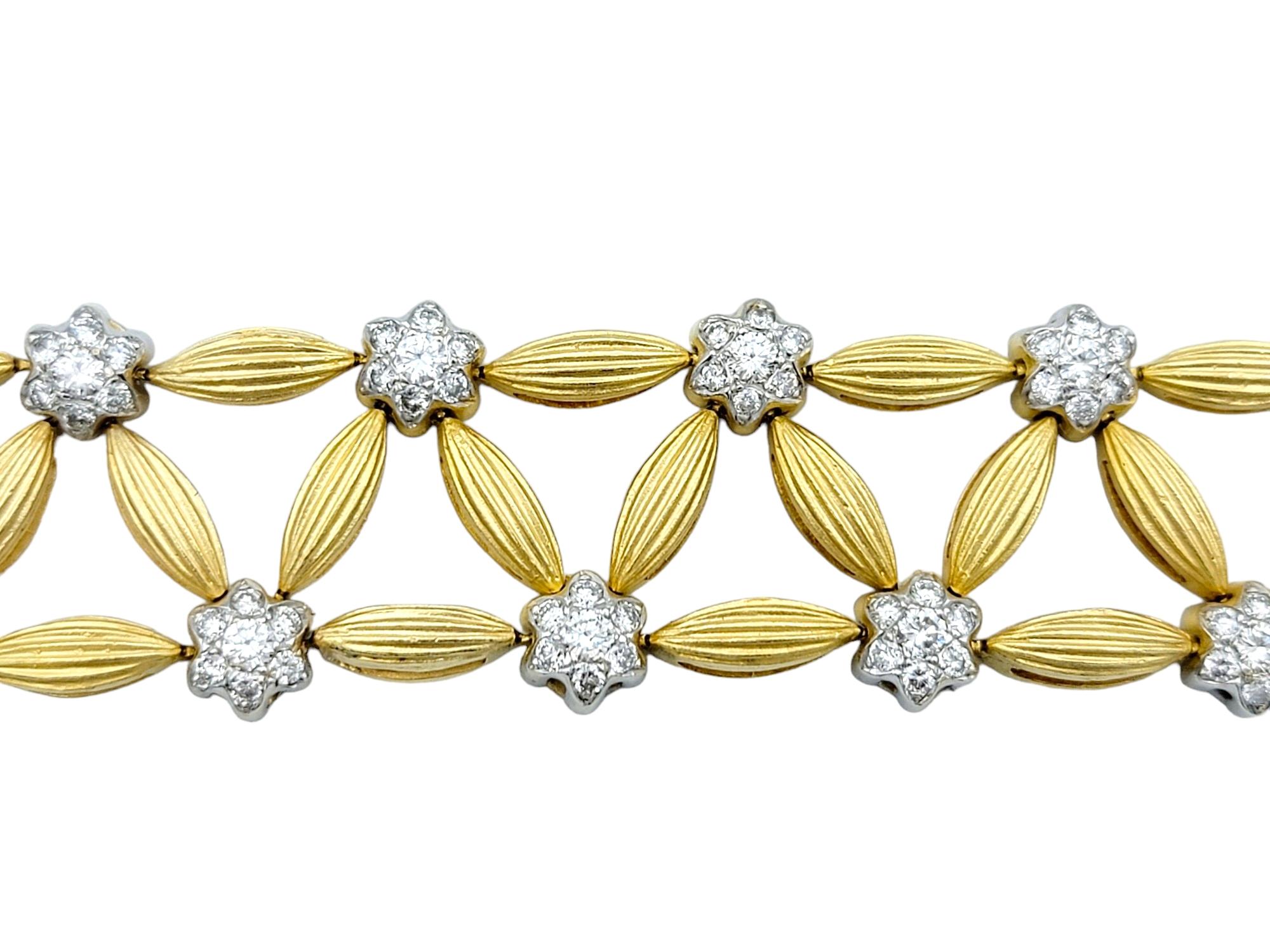 Flower and Leaf Motif Diamond Open Link Bracelet Set in 18 Karat Yellow Gold For Sale 1