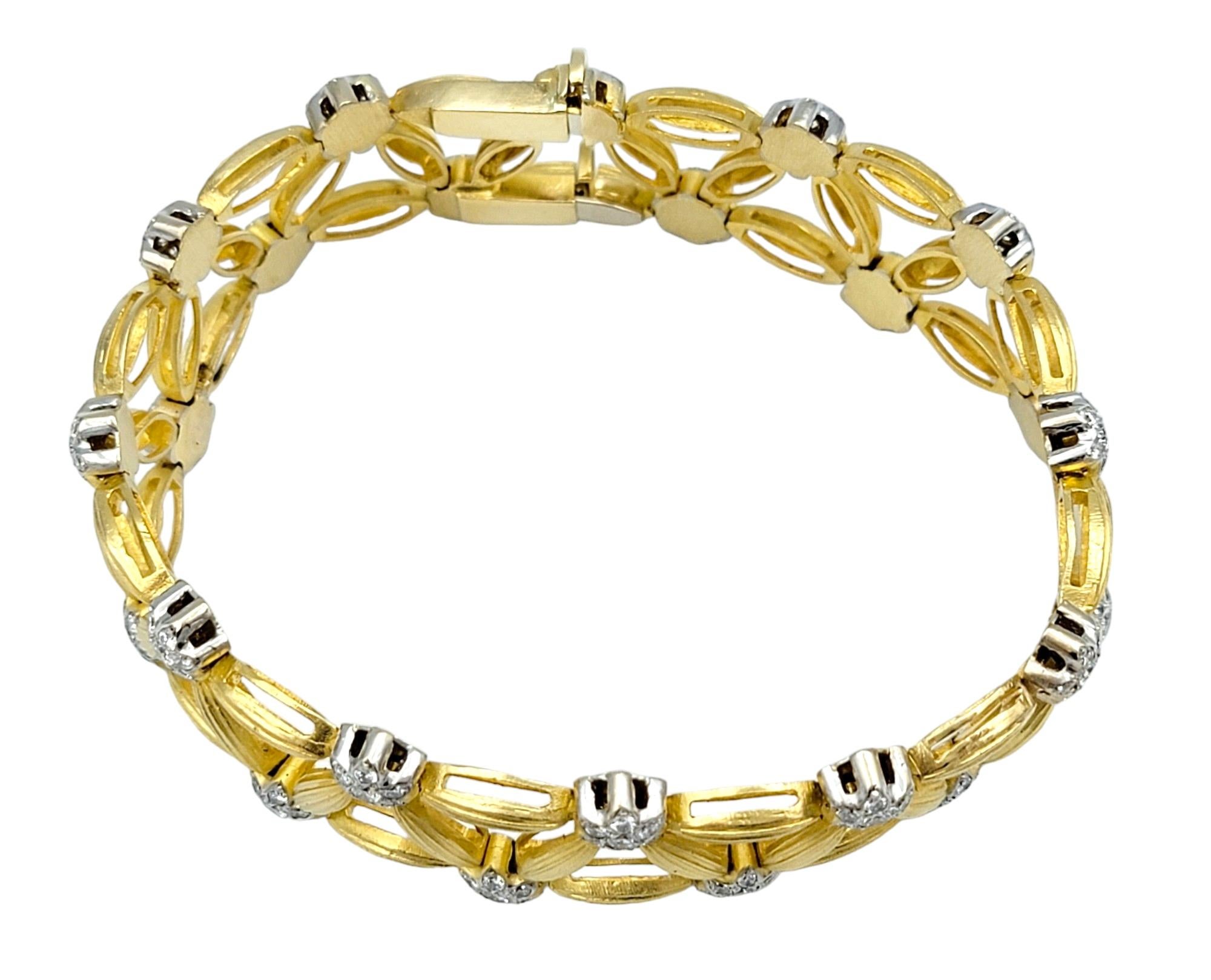Flower and Leaf Motif Diamond Open Link Bracelet Set in 18 Karat Yellow Gold For Sale 2