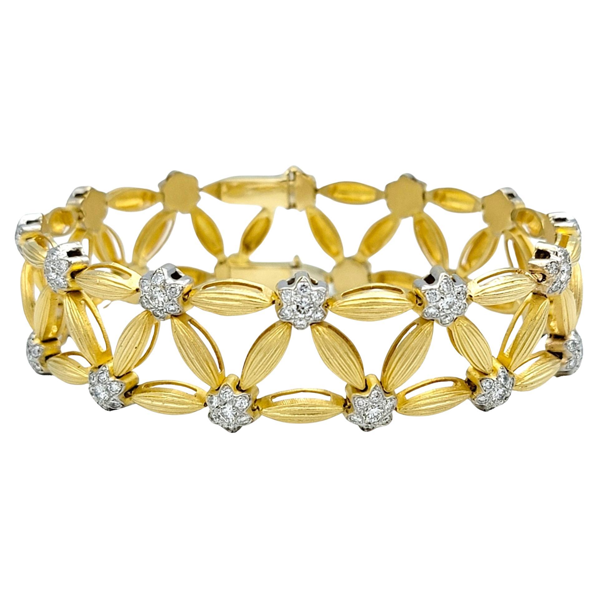 Flower and Leaf Motif Diamond Open Link Bracelet Set in 18 Karat Yellow Gold