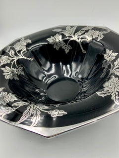 Flower and Leaf Silver Overlay Black Glass Octagonal Footed Bowl