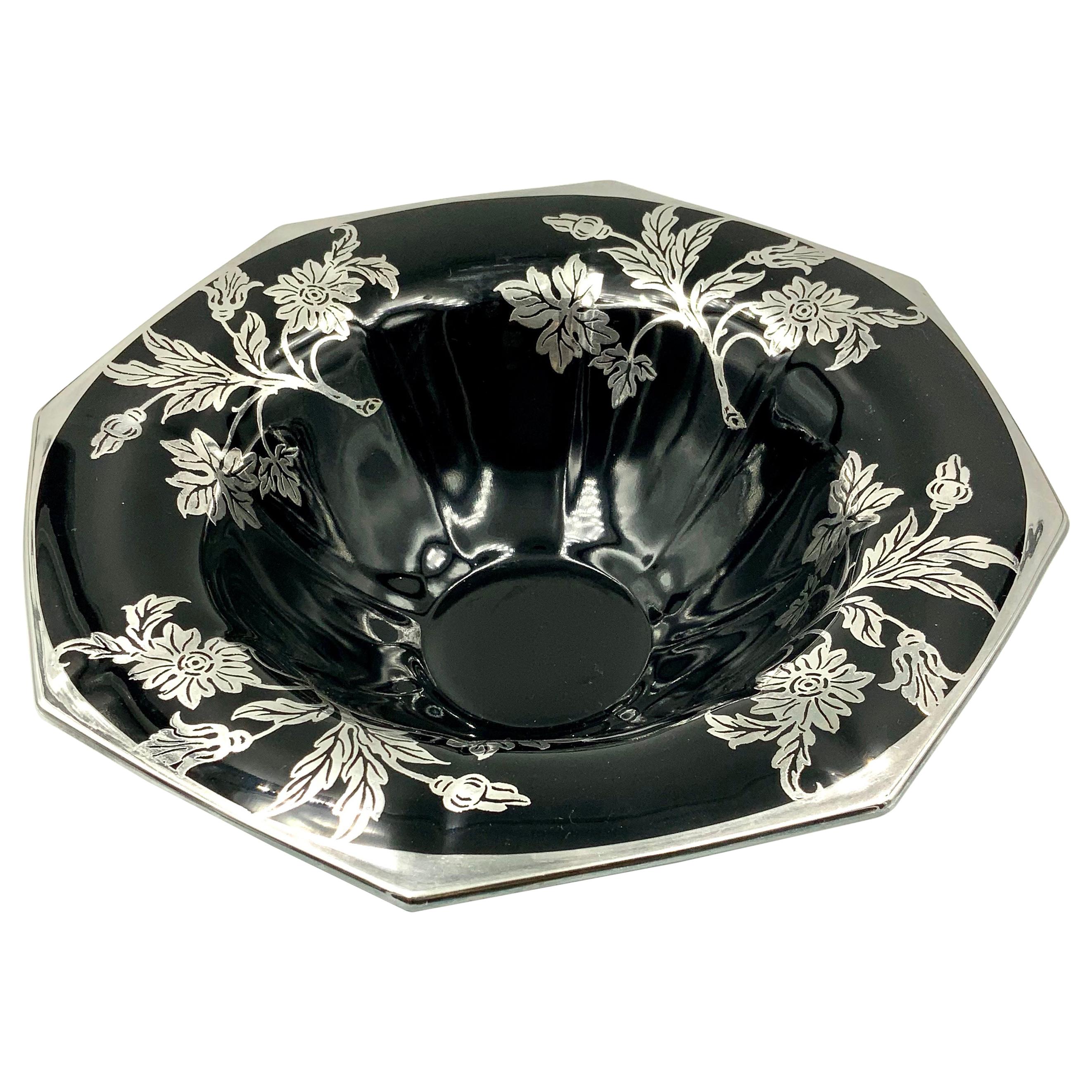 Flower and Leaf Silver Overlay Black Glass Octagonal Footed Bowl For Sale