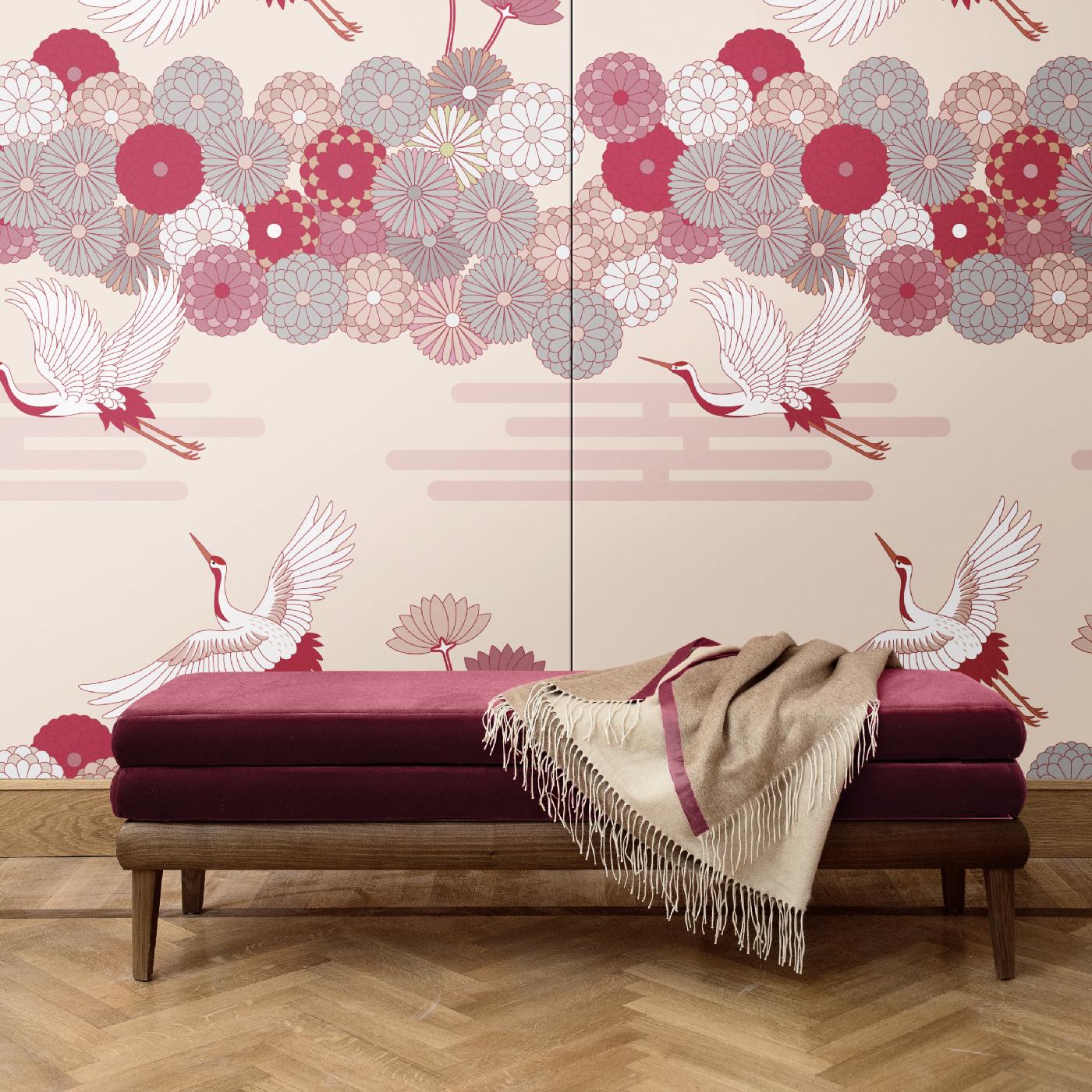 A delicate wall decoration that will imbue of poetic elegance any interior, this is one of five versions of the Flowers and Storks collection. It was crafted of silk and cotton and depicts a scene inspired by Japanese paintings, using different