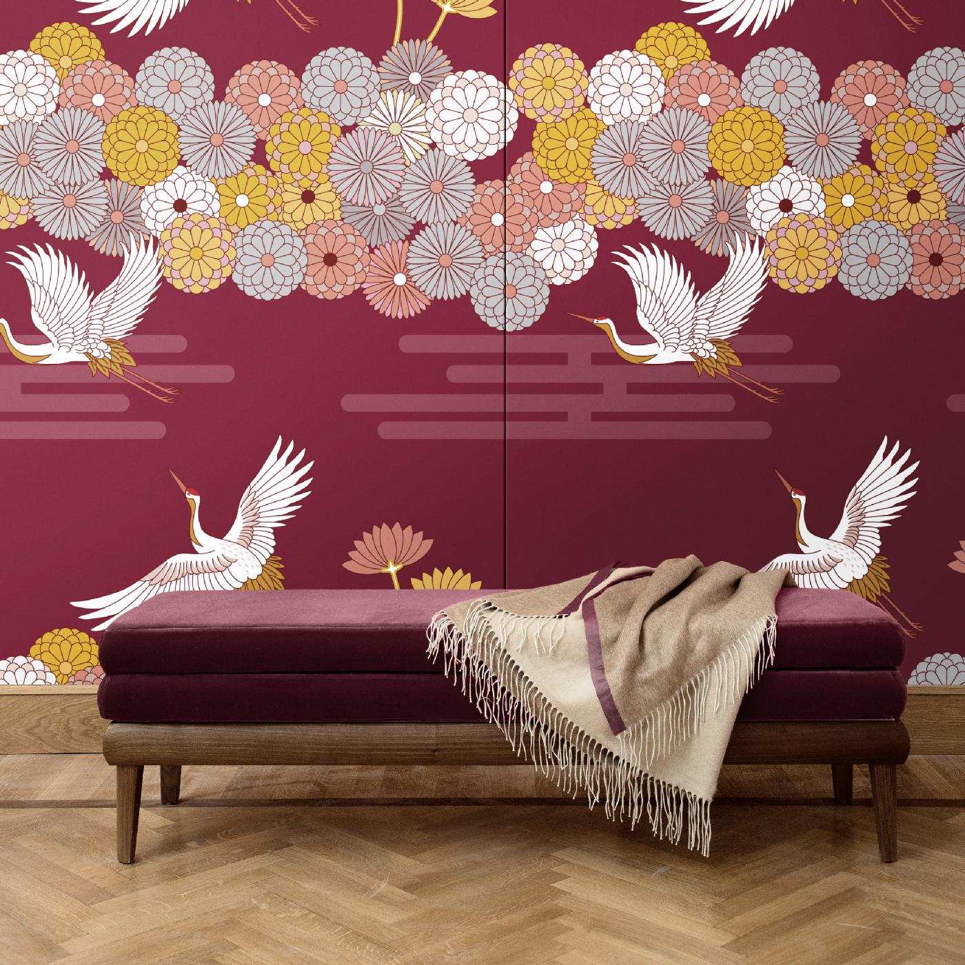 Crafted of silk and cotton, this wall covering is part of the Flowers and Storks collection. This Japanese-inspired scene will imbue with dramatic dynamism and sophistication any interior. It depicts golden storks and stylized flowers over a crimson