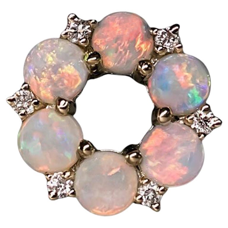 Flower Australian Solid Opal Diamond Pendant Necklace 14K Yellow Gold For Sale