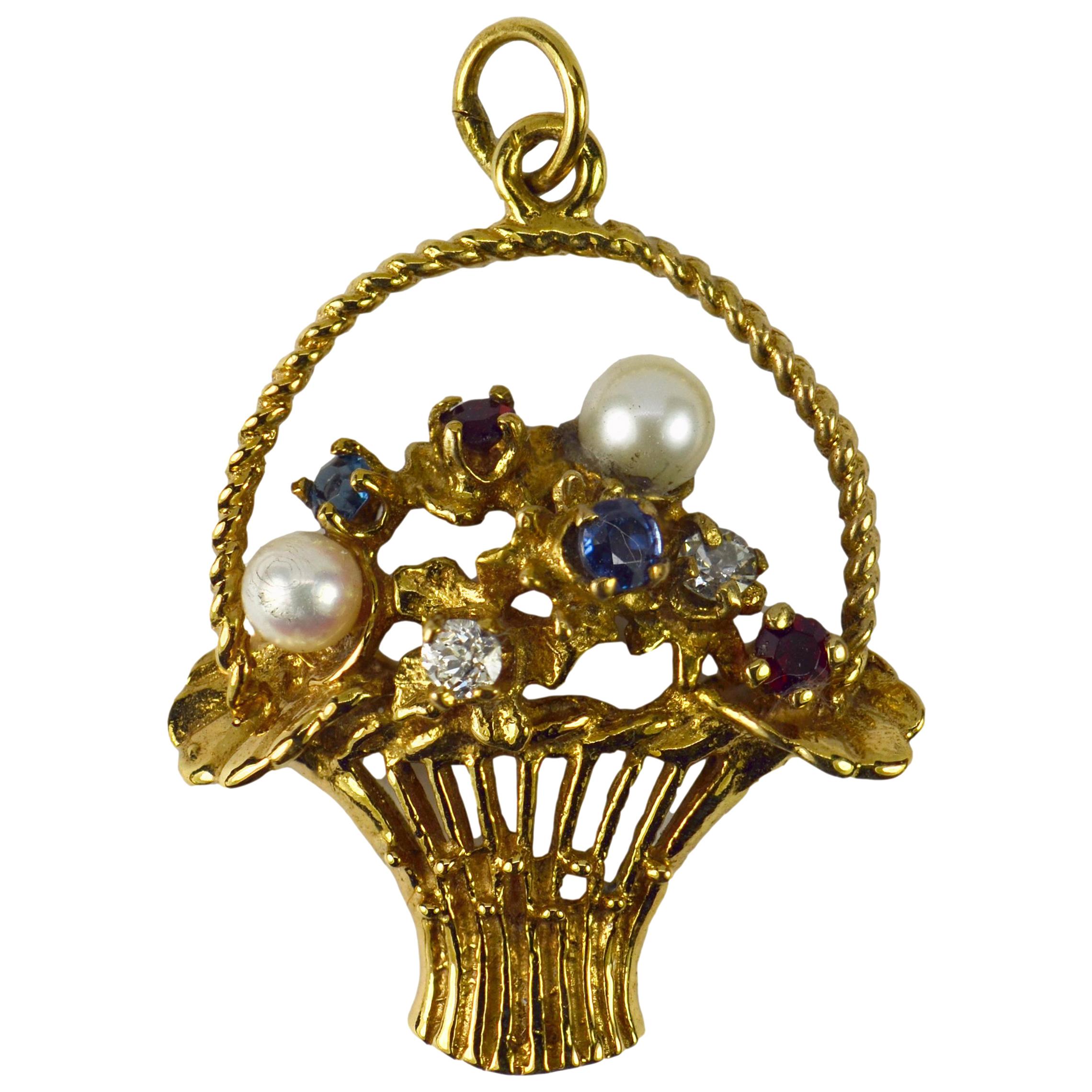 Flower Basket 14 Karat Yellow Gold Gem Set Charm Pendant