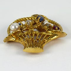 Flower Basket 14 Karat Yellow Gold Gem Set Charm Pendant