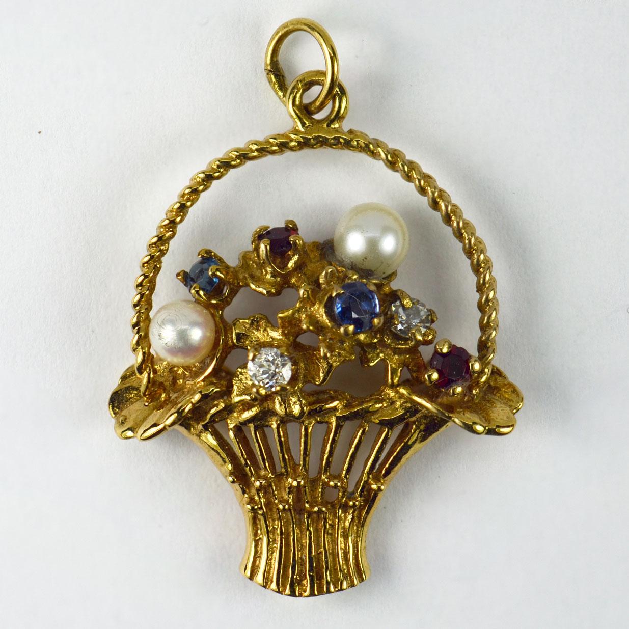 Flower Basket 14 Karat Yellow Gold Gem Set Charm Pendant In Good Condition For Sale In London, GB