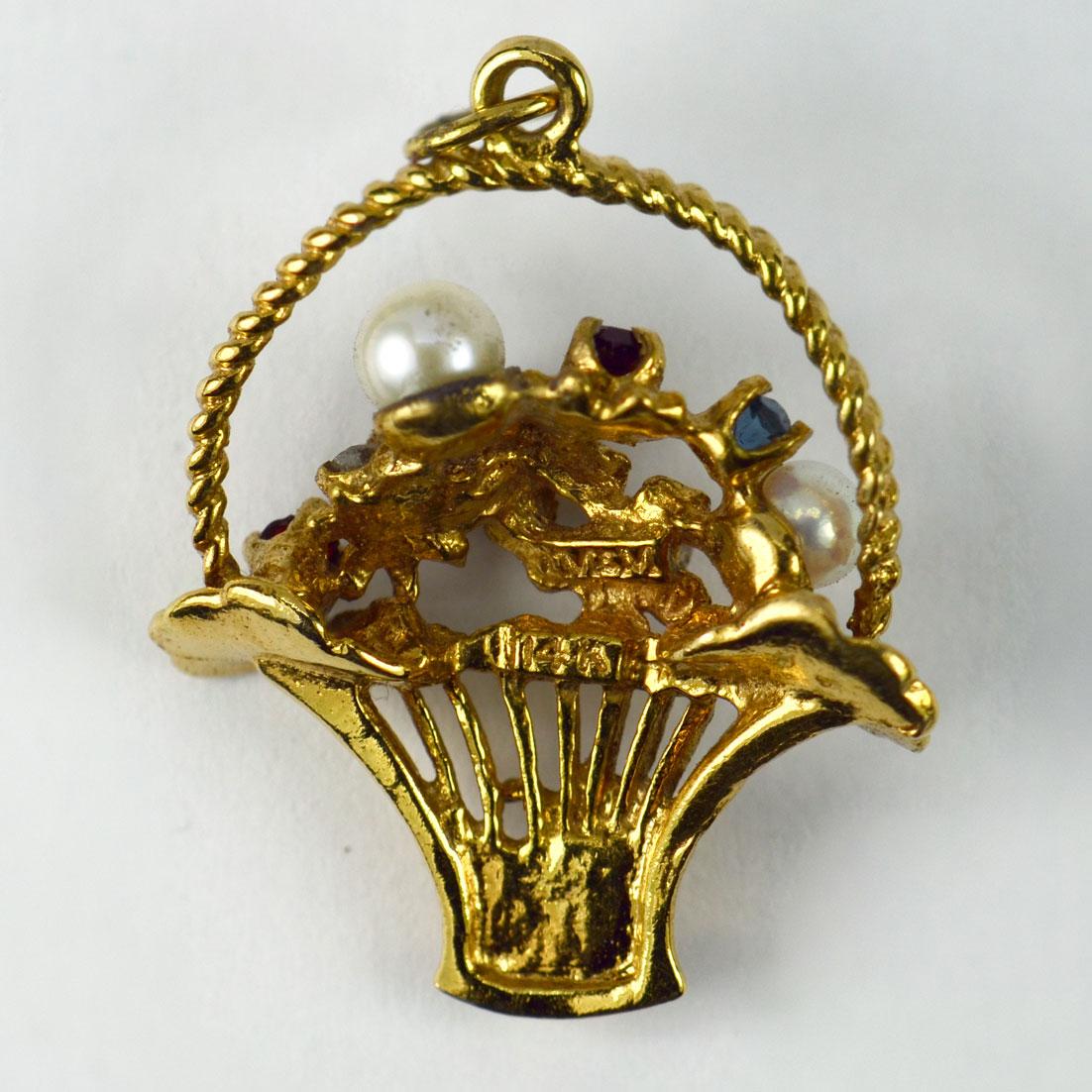 Women's or Men's Flower Basket 14 Karat Yellow Gold Gem Set Charm Pendant For Sale
