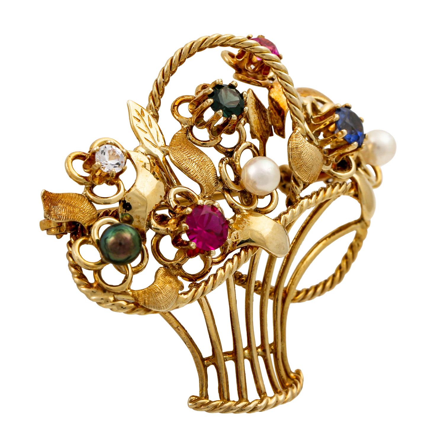 Flower basket brooch set with 1 zirconia, synthetic sapphire, synthetic rub., synthetic spinel and 3 cultured pearls. GG 14K. 15K Handwork!