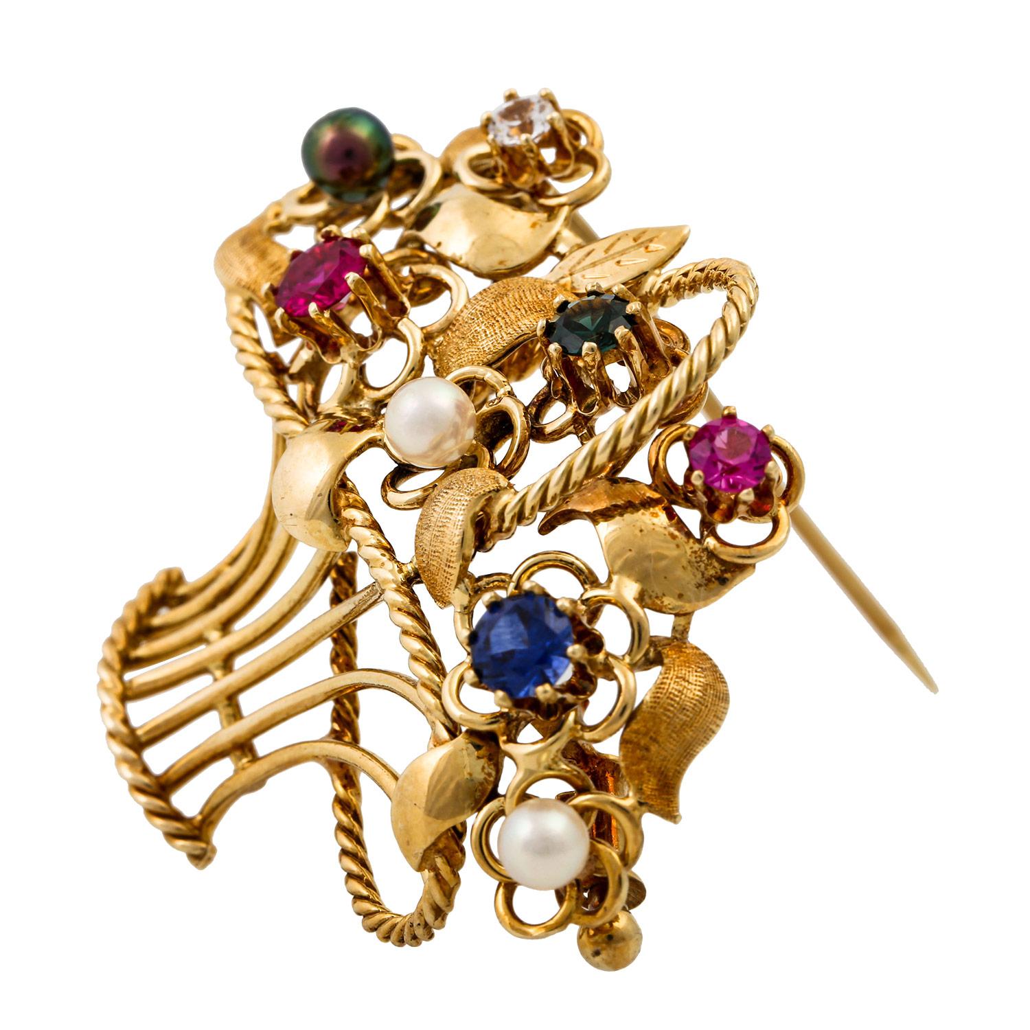 Flower Basket Brooch Set with 1 Zirconia, Synthetic Sapphire, Synthetic Rub In Good Condition For Sale In Stuttgart, BW