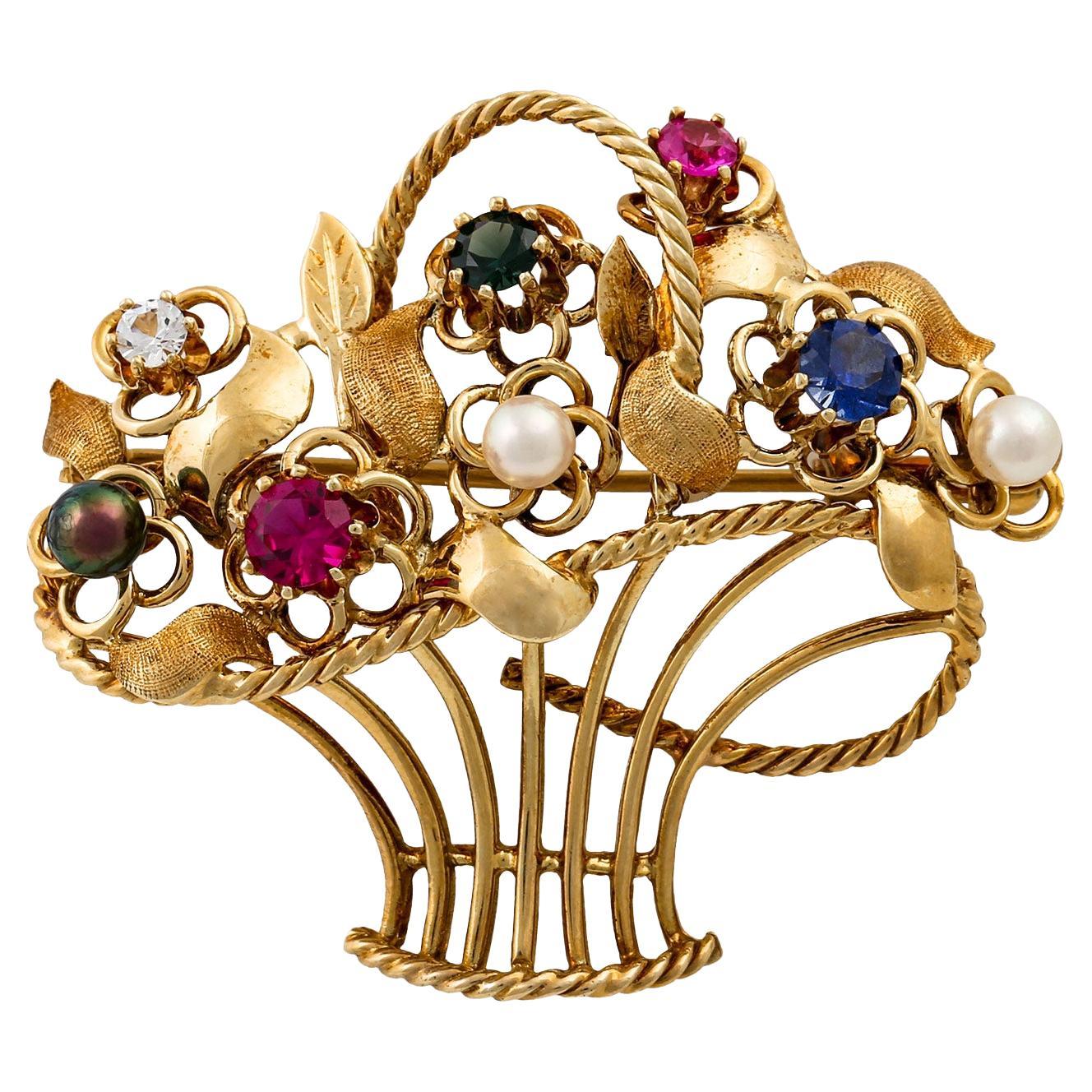 Flower Basket Brooch Set with 1 Zirconia, Synthetic Sapphire, Synthetic Rub For Sale