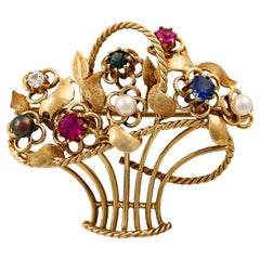 Flower Basket Brooch Set with 1 Zirconia, Synthetic Sapphire, Synthetic Rub