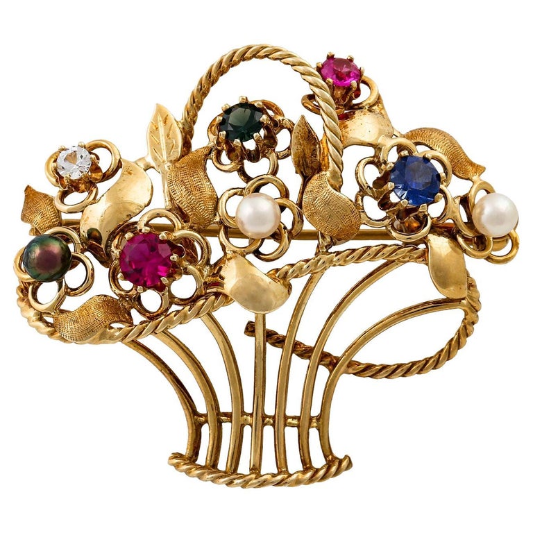 Flower Basket Brooch Set with 1 Zirconia, Synthetic Sapphire, Synthetic