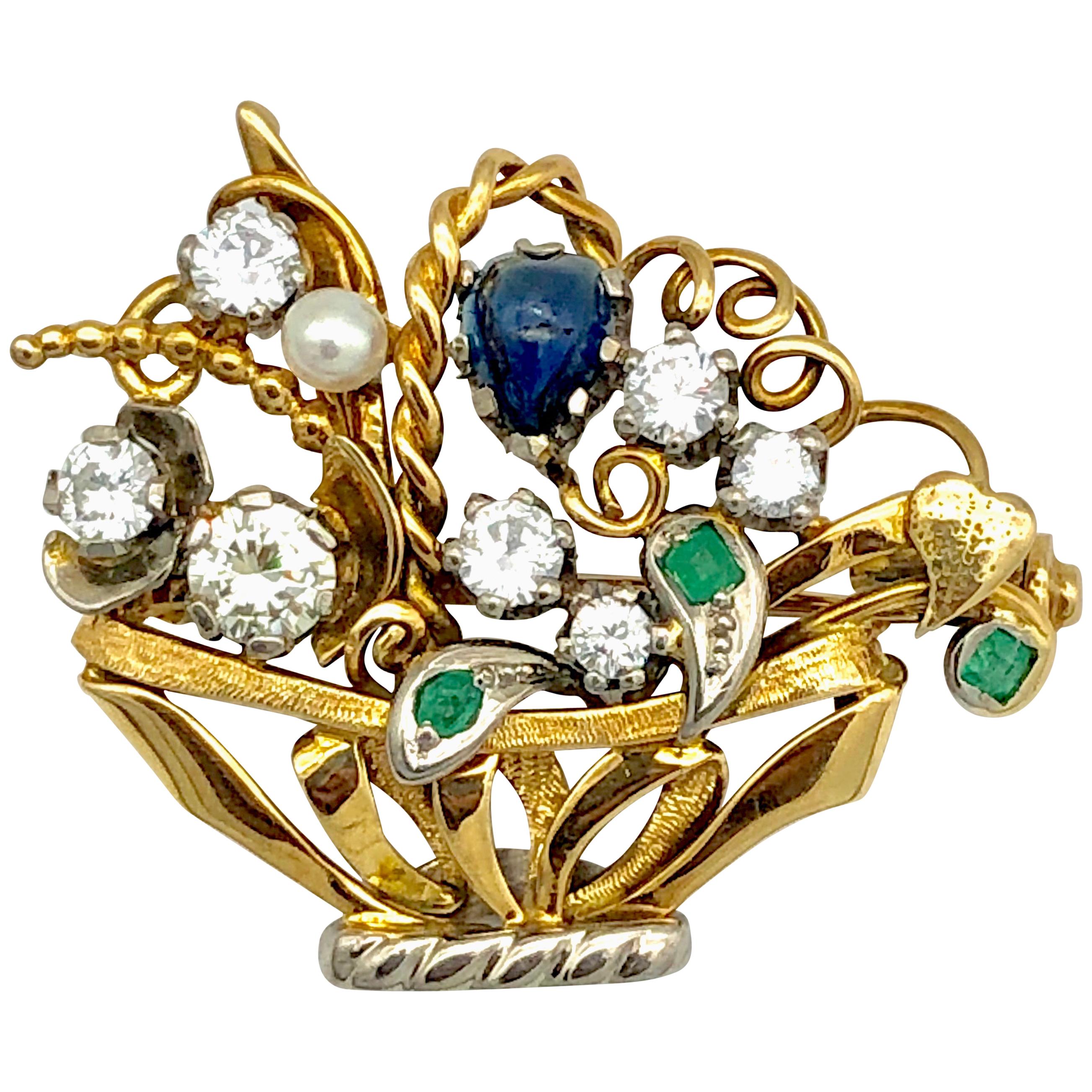 Pendentif broche panier de fleurs en or 14 carats avec diamants, saphirs, émeraudes et perles bicolores
