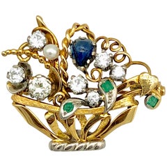 Flower Basket Diamond Sapphire Emerald Pearl Two Color Gold 14K Brooch Pendant