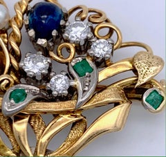 Flower Basket Diamond Sapphire Emerald Pearl Two Color Gold 14K Brooch Pendant