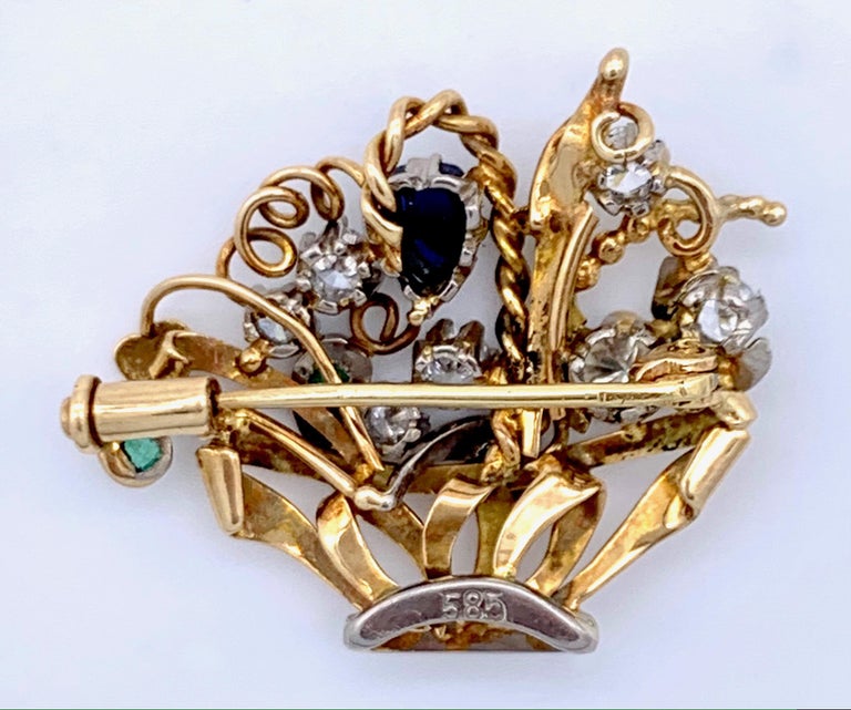 Retro Flower Basket Diamond Sapphire Emerald Pearl Two Color Gold 14K Brooch Pendant For Sale