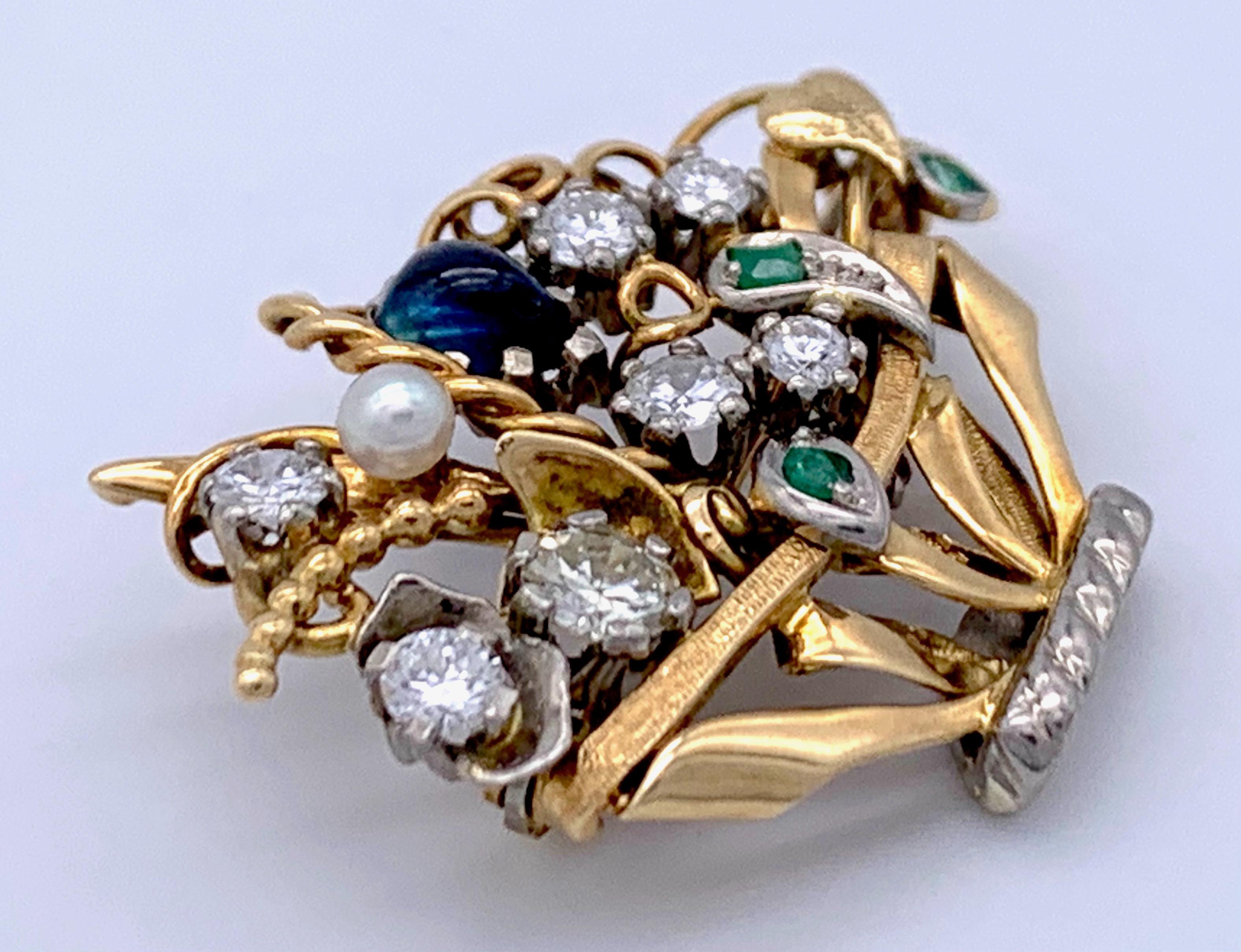 Blumenkorb Diamant Saphir Smaragd Perle Zweifarbiges Gold 14K Brosche Anhänger (Gemischter Schliff) im Angebot