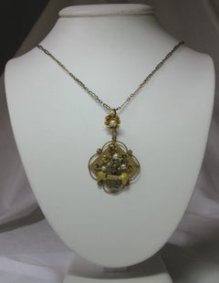 Flower Basket Necklace Gold Antique Art Nouveau Belle Epoque Victorian, Italian