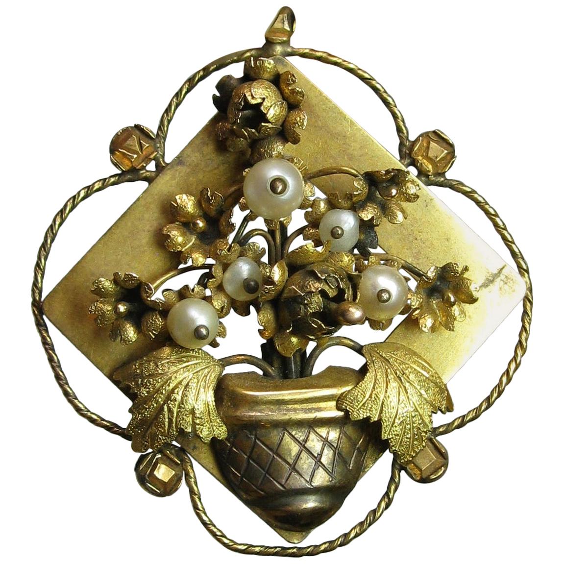 Flower Basket Necklace Gold Antique Art Nouveau Belle Epoque Victorian, Italian