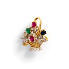 Flower Basket Ruby Sapphire Diamond Yellow Gold Pendant