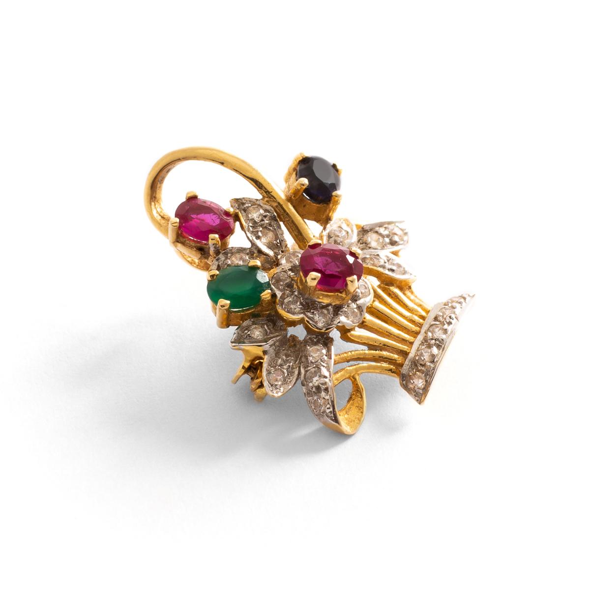 Aesthetic Movement Flower Basket Ruby Sapphire Diamond Yellow Gold Pendant For Sale