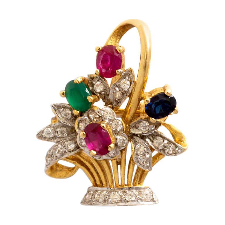 Flower Basket Ruby Sapphire Diamond Yellow Gold Pendant