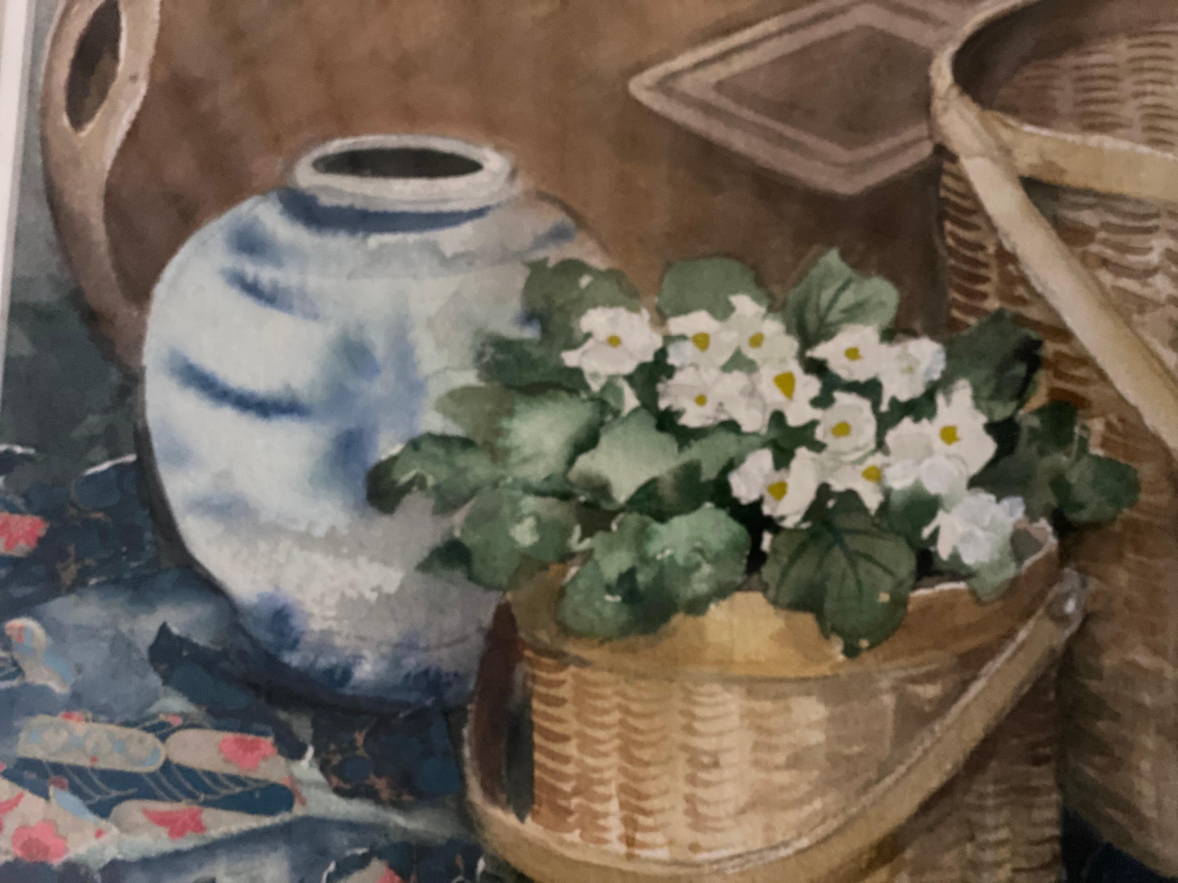 Blumen- und Korb-Stillleben, Aquarell auf Papier, von Joy Waldman im Angebot 4