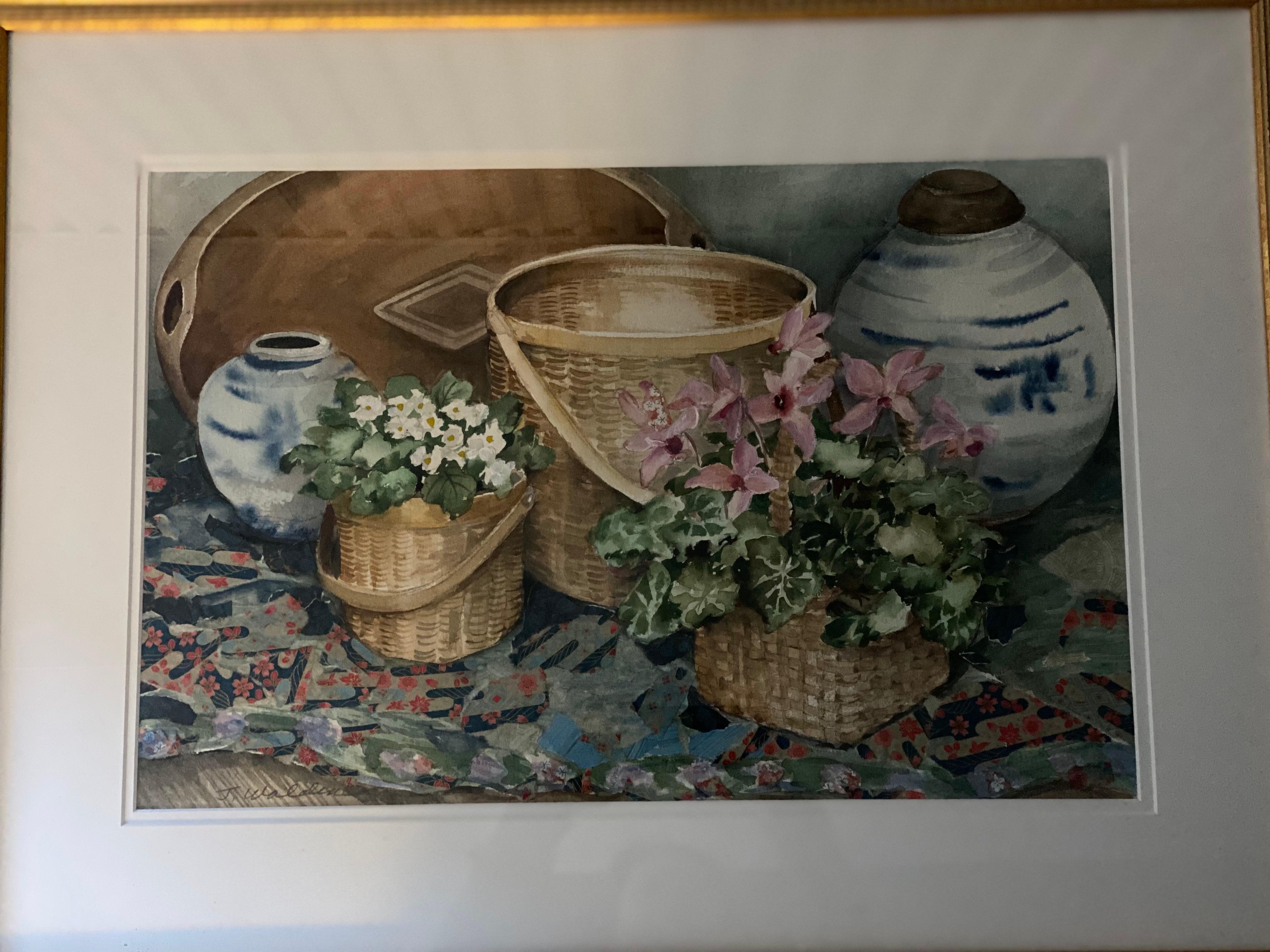 Blumen- und Korb-Stillleben, Aquarell auf Papier, von Joy Waldman (amerikanisch) im Angebot