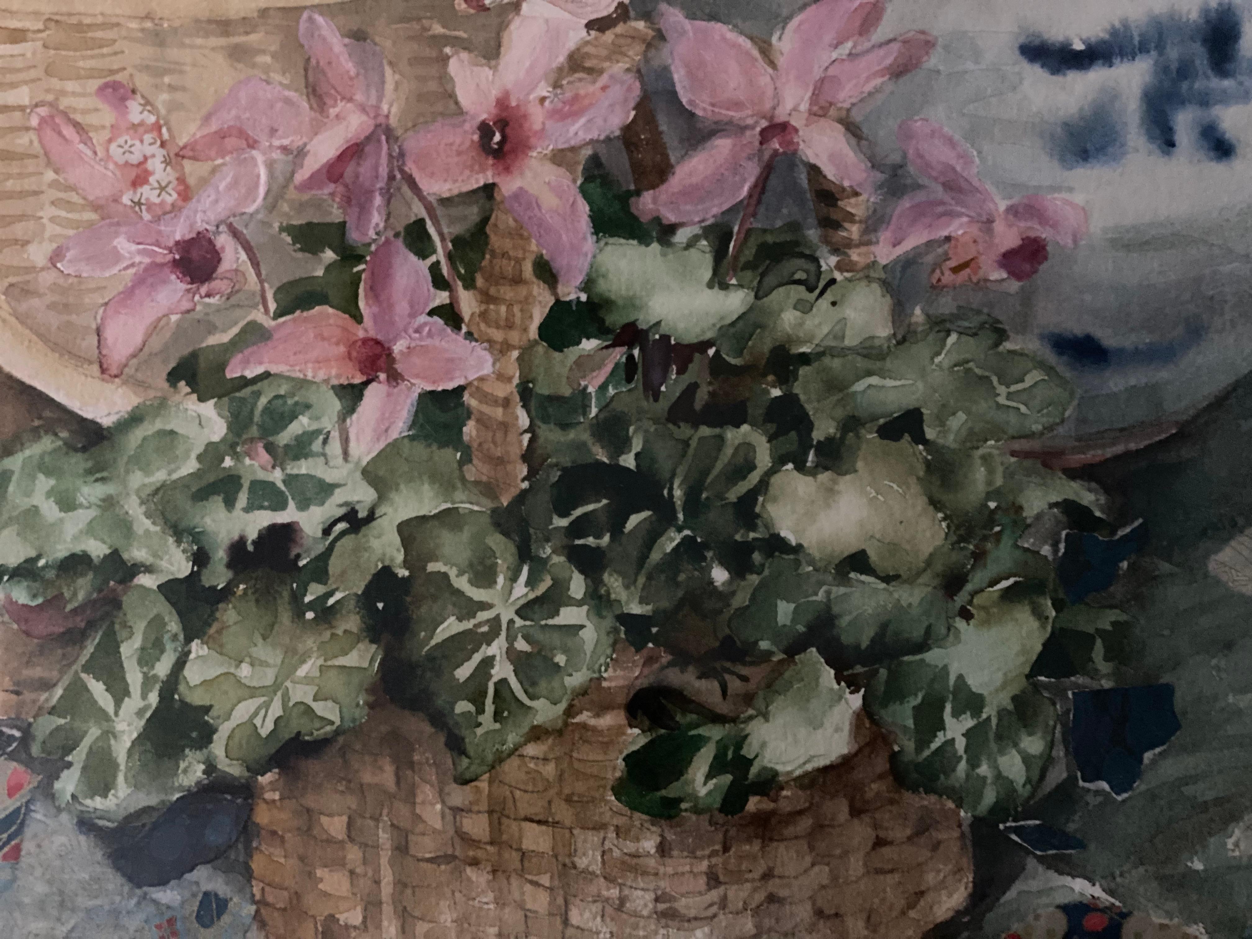 Blumen- und Korb-Stillleben, Aquarell auf Papier, von Joy Waldman (21. Jahrhundert und zeitgenössisch) im Angebot