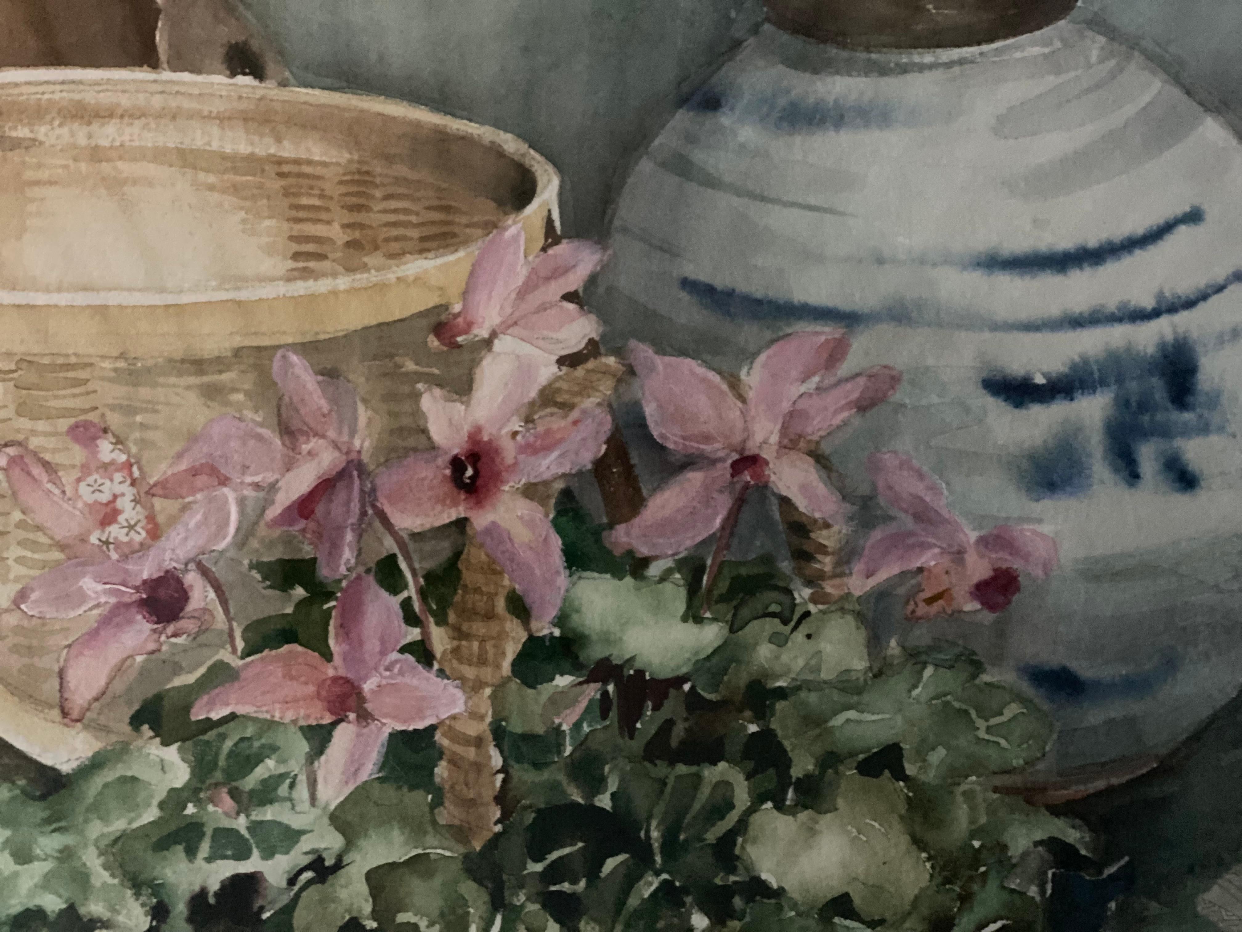 Blumen- und Korb-Stillleben, Aquarell auf Papier, von Joy Waldman (Farbe) im Angebot