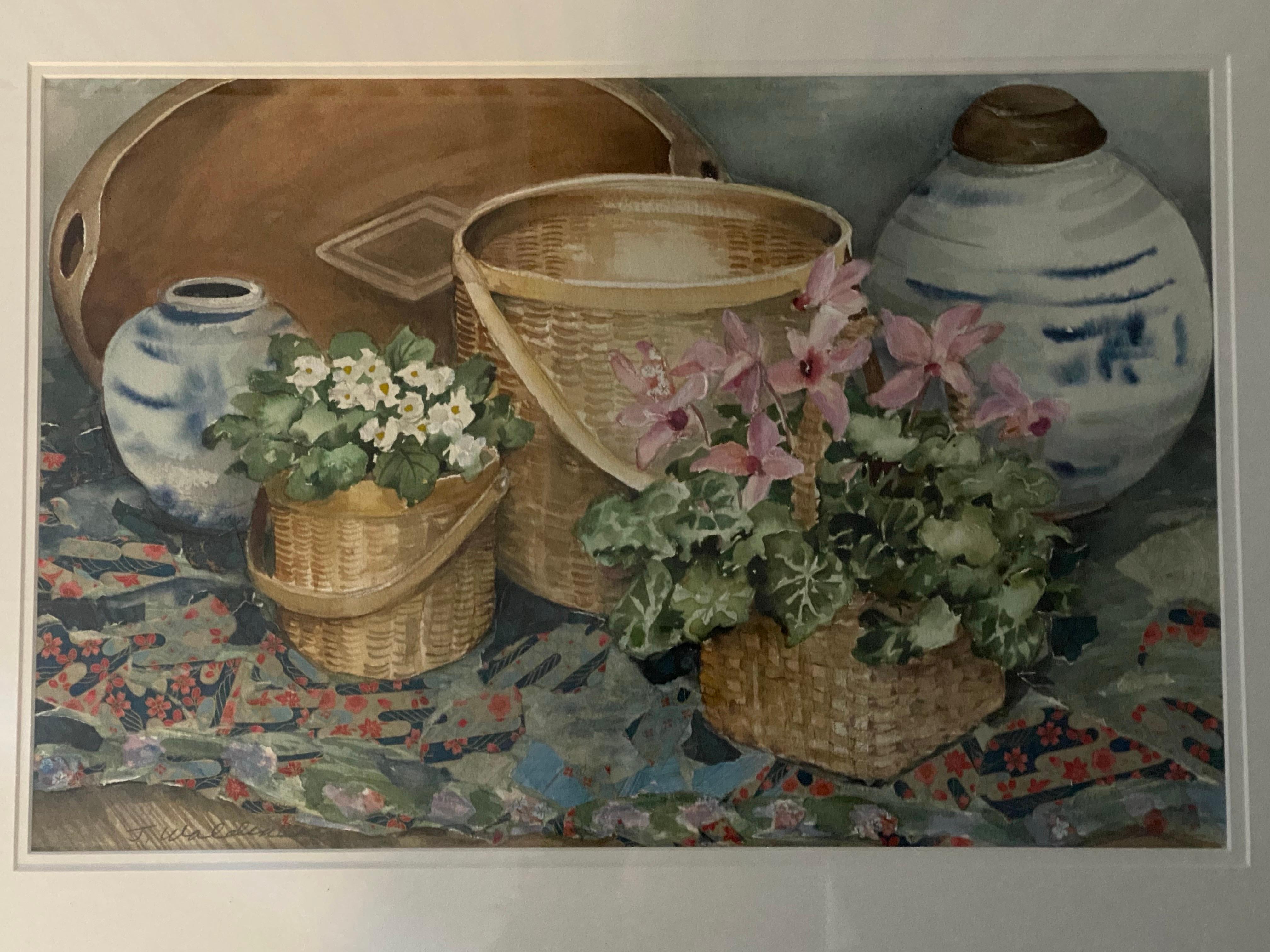 Blumen- und Korb-Stillleben, Aquarell auf Papier, von Joy Waldman im Angebot 1