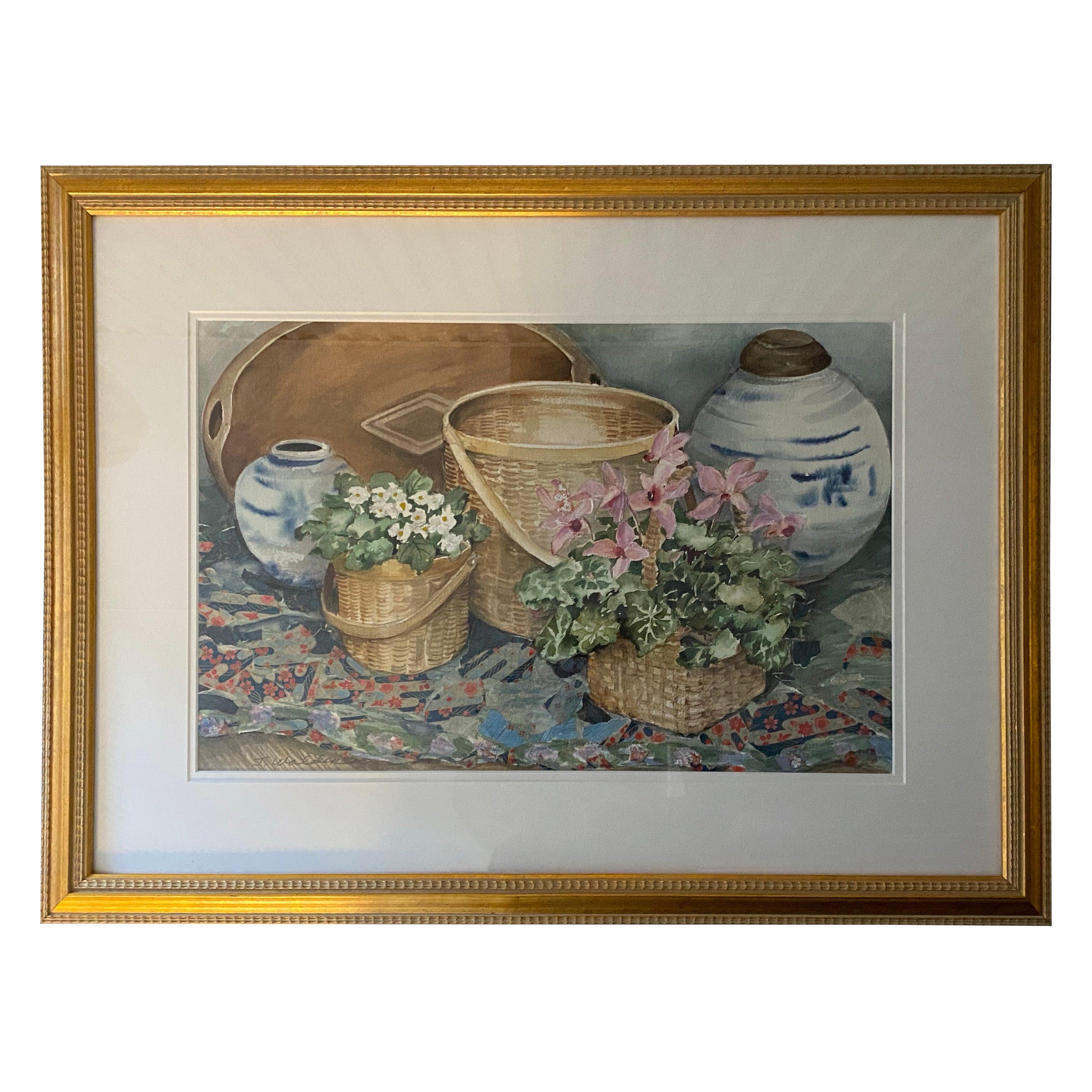 Blumen- und Korb-Stillleben, Aquarell auf Papier, von Joy Waldman