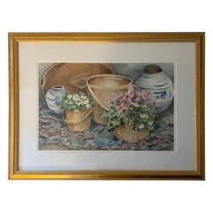 Blumen- und Korb-Stillleben, Aquarell auf Papier, von Joy Waldman