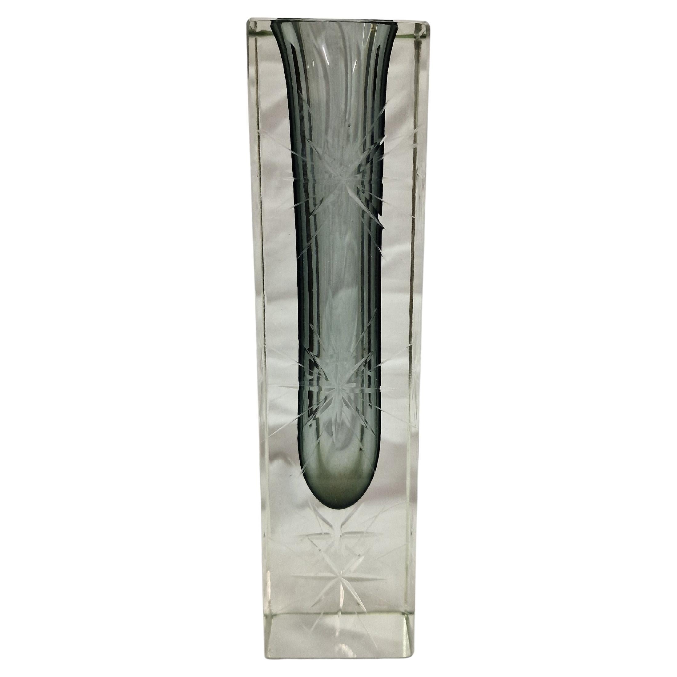 Flower block vase, star cut glass, 1920s, Art Deco, Murano, Italy For Sale