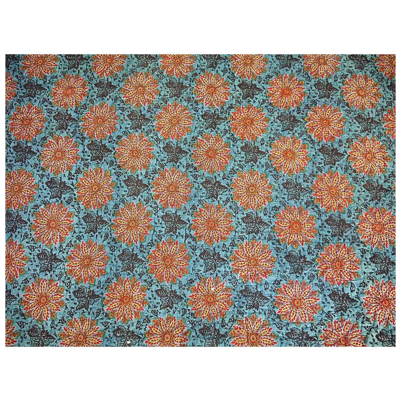  Flower Blockprinted Cotton Quilt Section antique French early 19th century