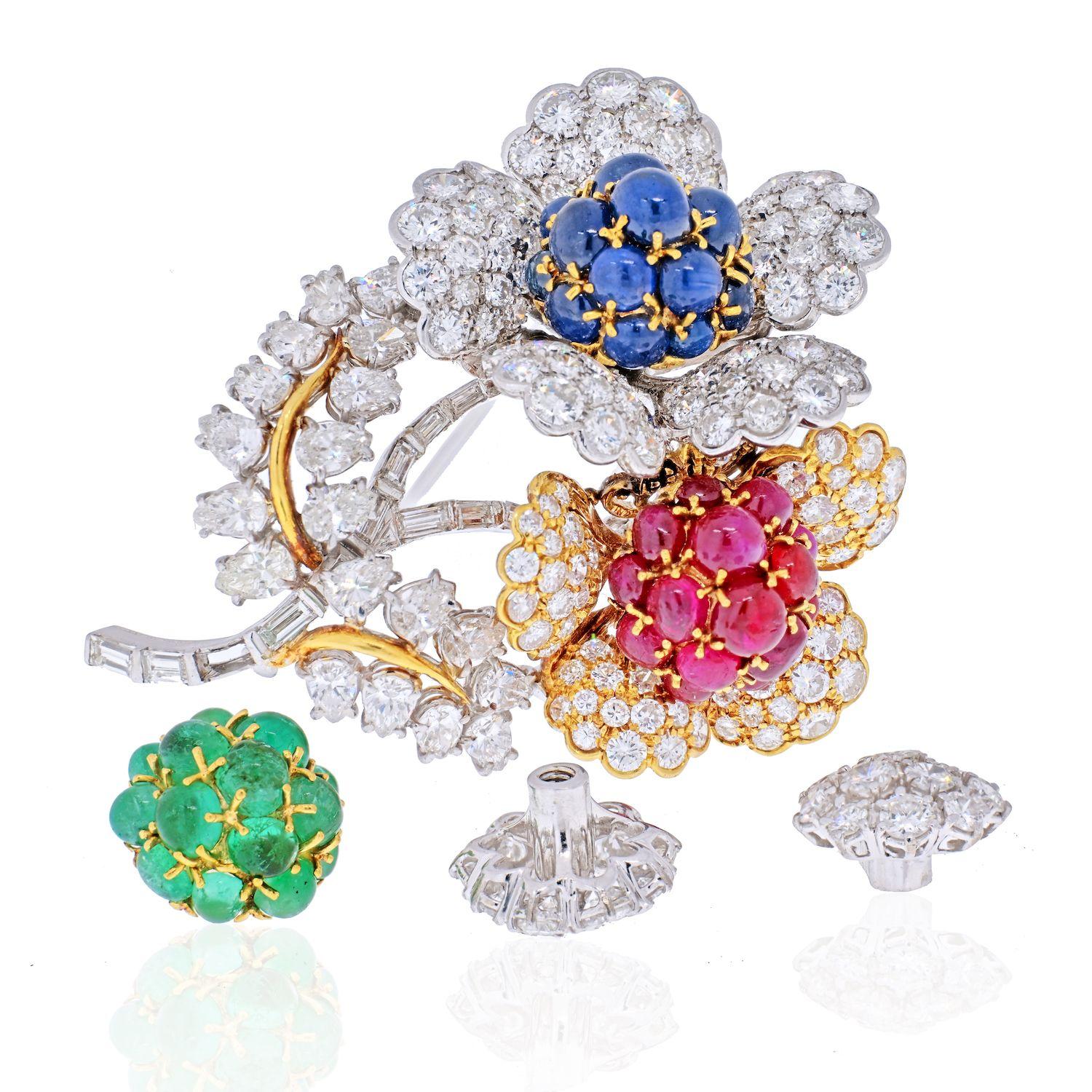 This magnificanet brooch consists of two diamond flowers one in platinum and one in yellow gold. So sparkly and so vibrant you would not want to take it off. Best of all the inside blossom parts are interchangeable and can be swapped for other