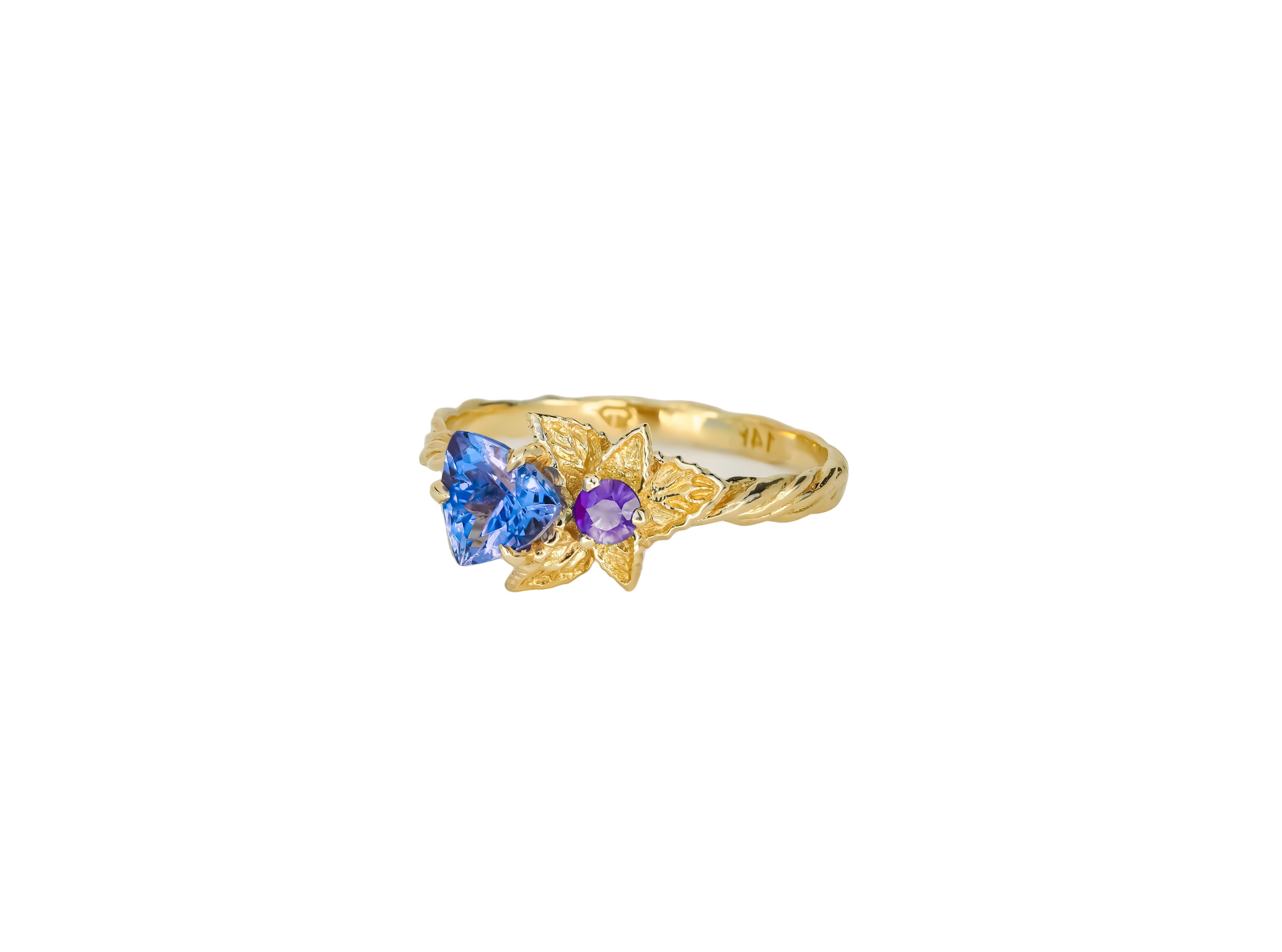 For Sale:  Flower blue, purple gemstone 14k gold ring 2