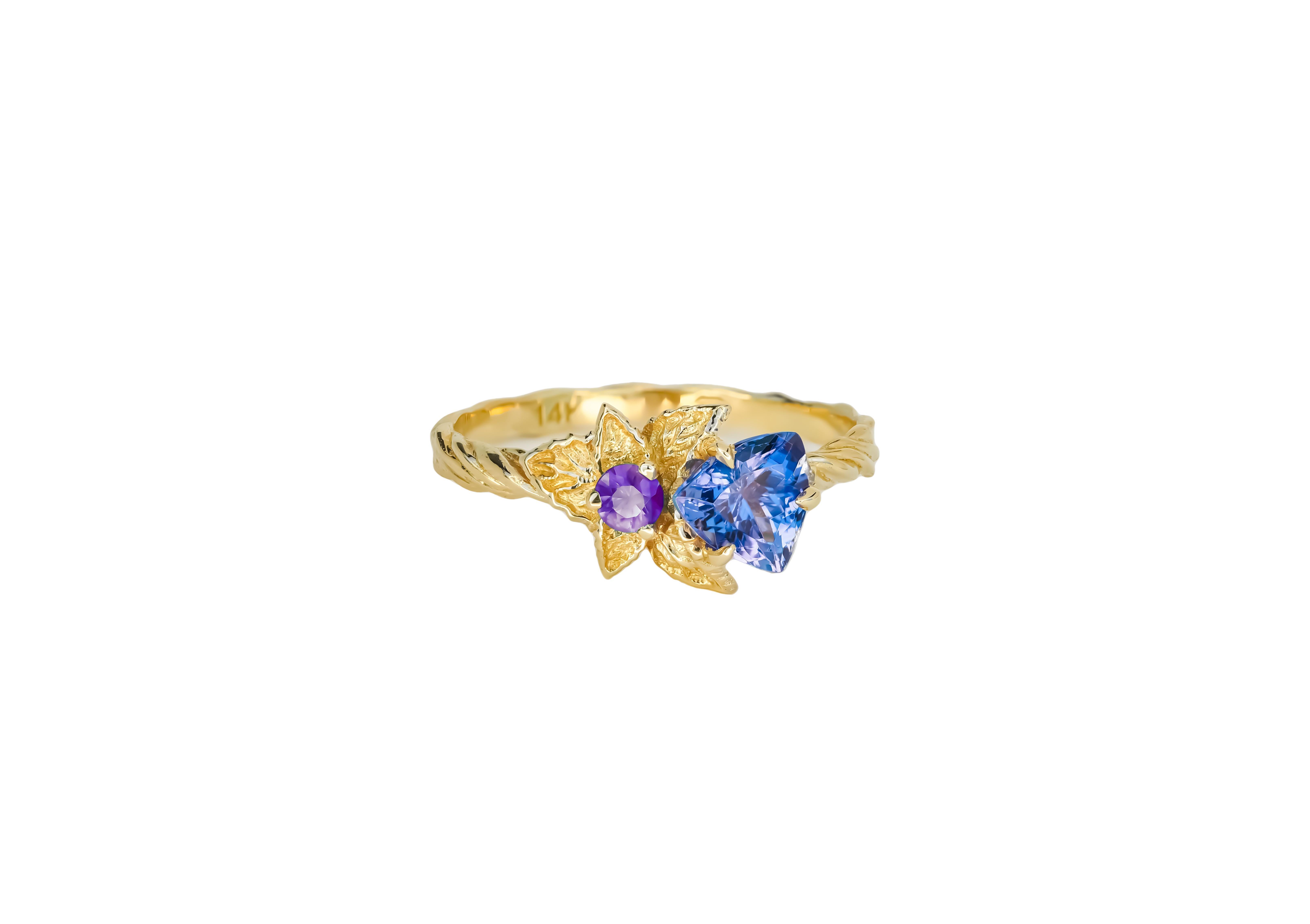 For Sale:  Flower blue, purple gemstone 14k gold ring 3