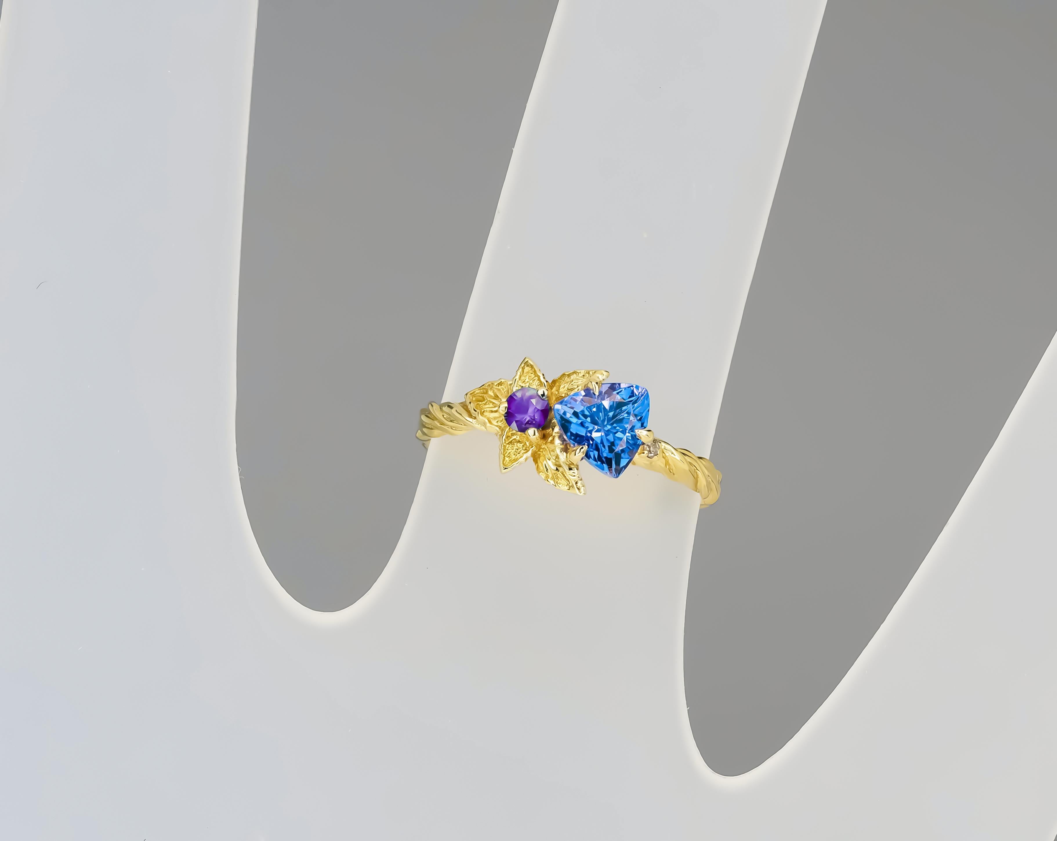 For Sale:  Flower blue, purple gemstone 14k gold ring 5