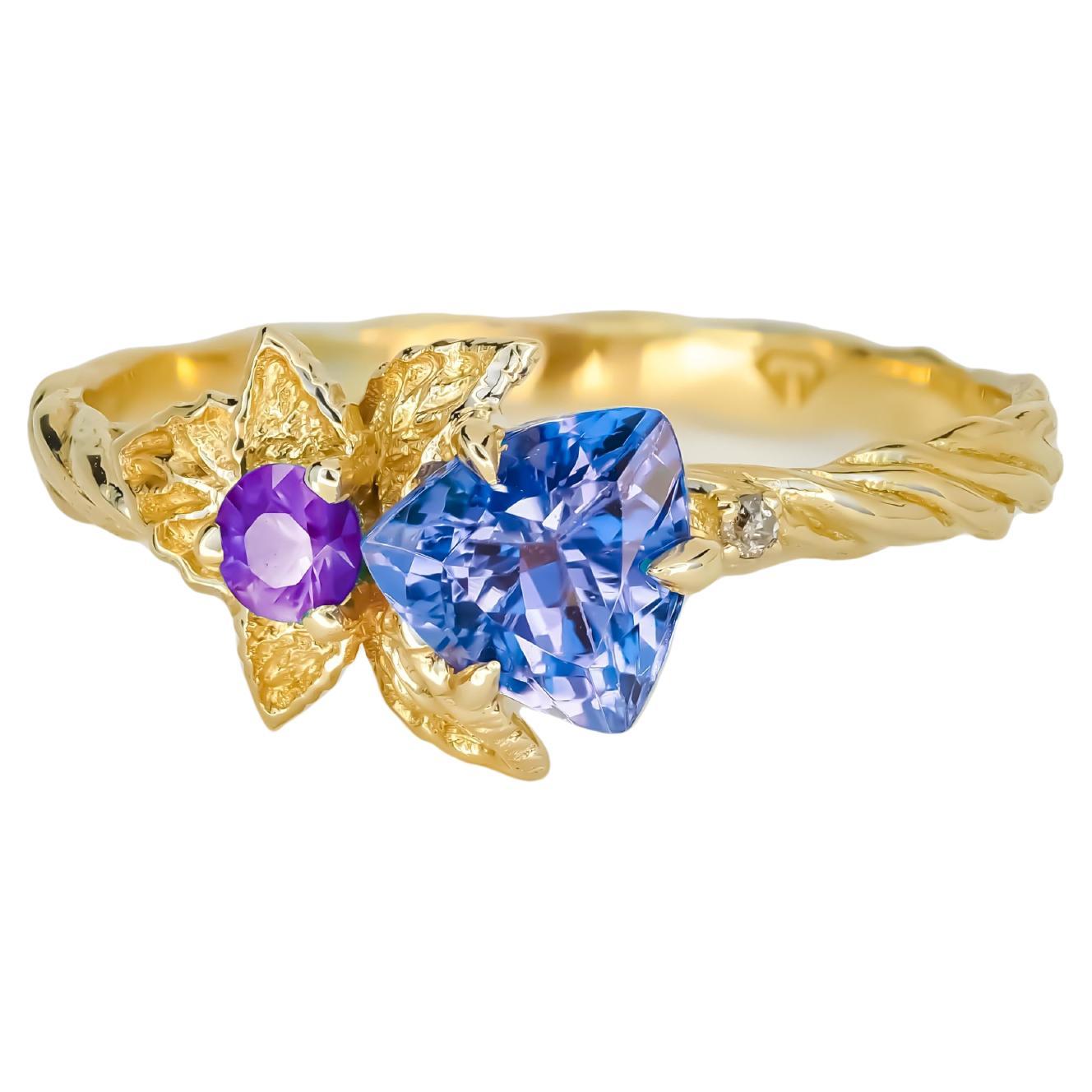 Flower blue, purple gemstone 14k gold ring